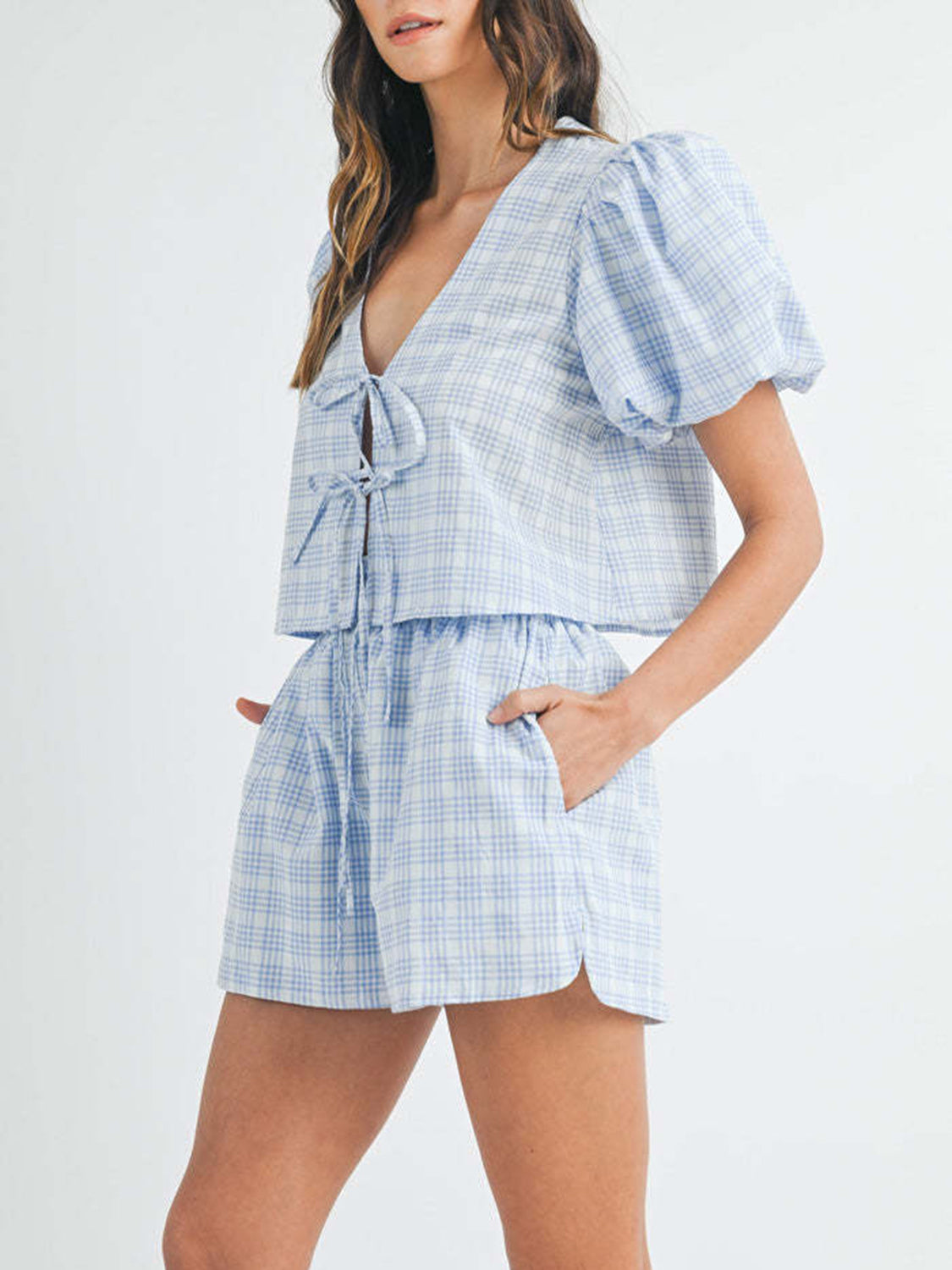 V-Neck Puff Sleeve Top and Shorts Set-TOPS / DRESSES-[Adult]-[Female]-2022 Online Blue Zone Planet