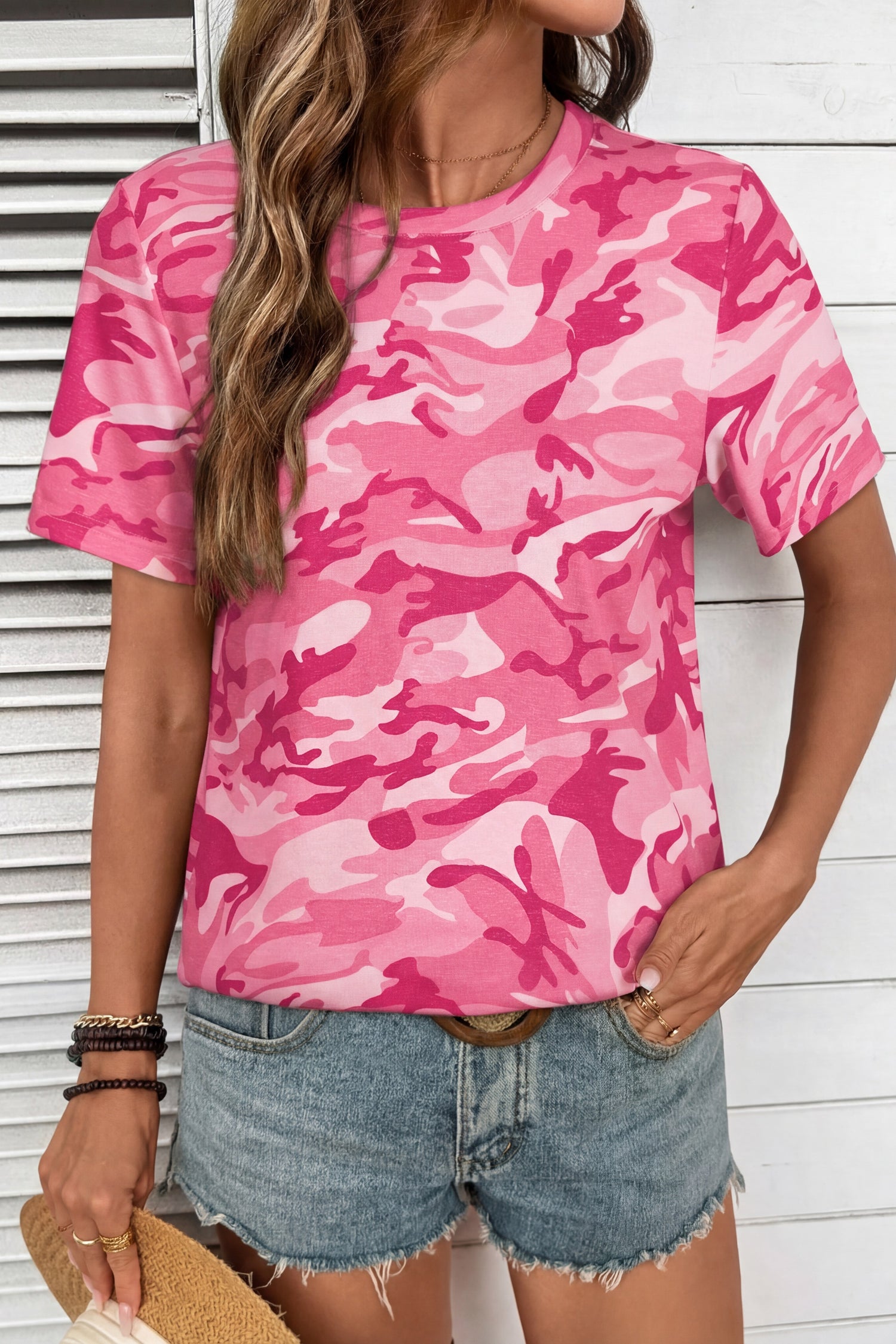 Pink Camouflage Print Crew Neck T Shirt-Tops/Tops & Tees-[Adult]-[Female]-Pink-S-2022 Online Blue Zone Planet