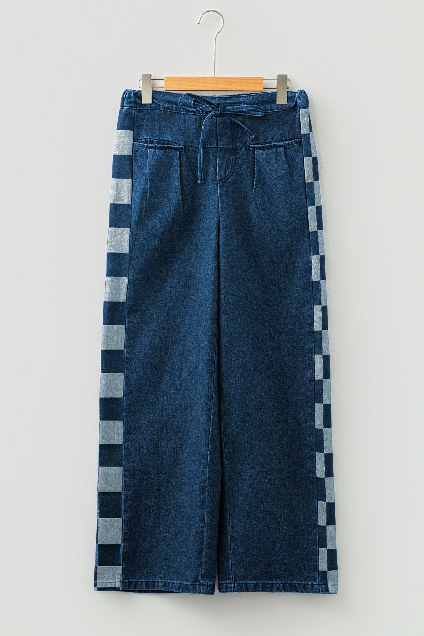Sail Blue Checkered Side Panel Patchwork Drawstring Loose Denim Pants-Bottoms/Jeans-[Adult]-[Female]-2022 Online Blue Zone Planet