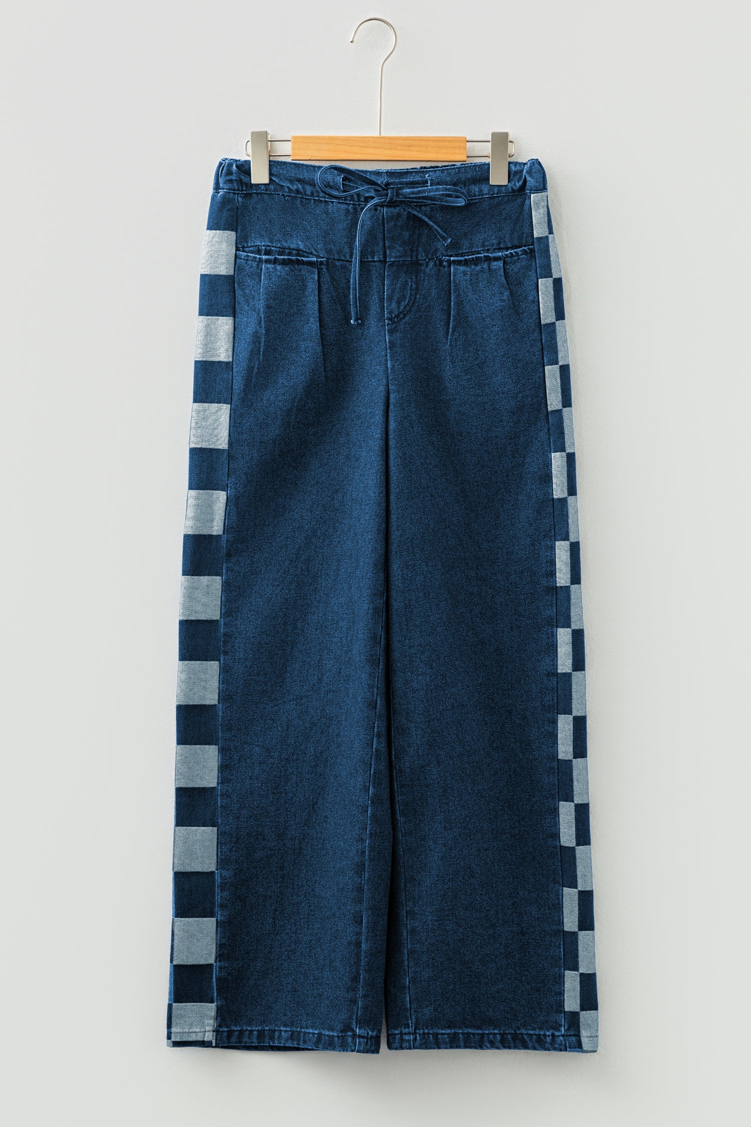 Sail Blue Checkered Side Panel Patchwork Drawstring Loose Denim Pants-Bottoms/Jeans-[Adult]-[Female]-2022 Online Blue Zone Planet