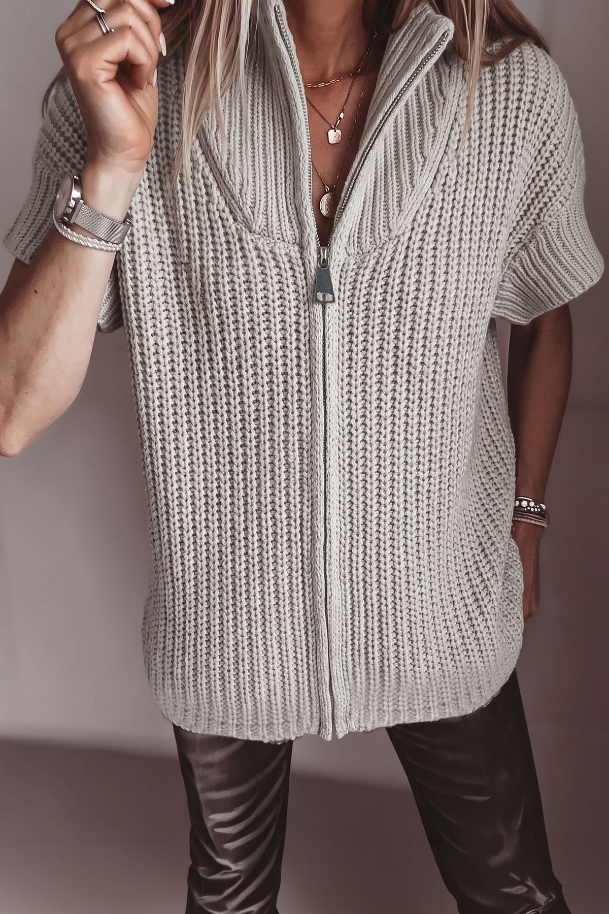 Jet Stream Solid Color Short Sleeve Zipper Knit High Neck Sweater-Sweaters & Cardigans/Short Sleeve Sweaters-[Adult]-[Female]-2022 Online Blue Zone Planet