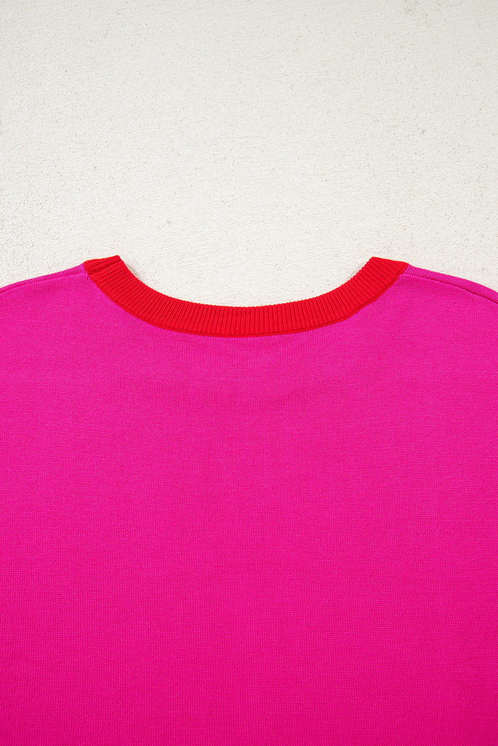 Rose Red Contrast Trim Round Neck Short Sleeve Loose Knit Sweater-TOPS / DRESSES-[Adult]-[Female]-2022 Online Blue Zone Planet