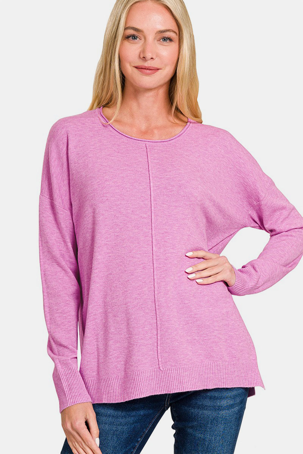 Zenana Front Seam Round Neck Sweater-TOPS / DRESSES-[Adult]-[Female]-Moonlit Mauve-S-2022 Online Blue Zone Planet