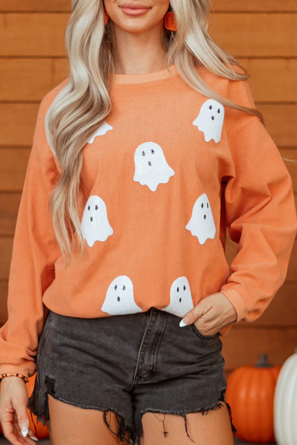 Orange Twisted Ribbed Texture Halloween Ghost Sequin Patched Sweatshirt-Graphic/Graphic Sweatshirts-[Adult]-[Female]-2022 Online Blue Zone Planet