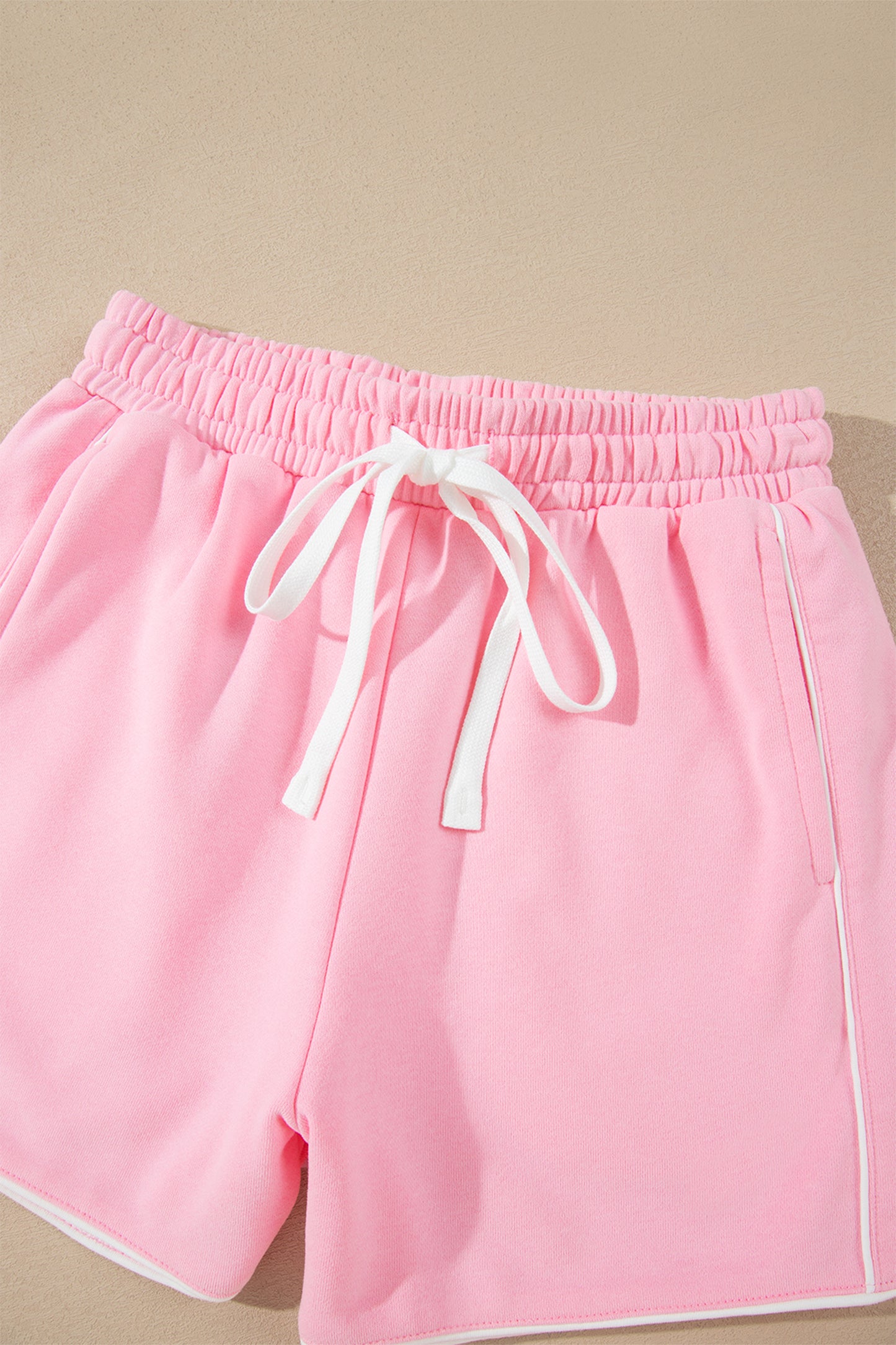 Pink Piping Trim Long Sporty Pullover Drawstring Elastic Waist Shorts Set-Two Piece Sets/Short Sets-[Adult]-[Female]-2022 Online Blue Zone Planet