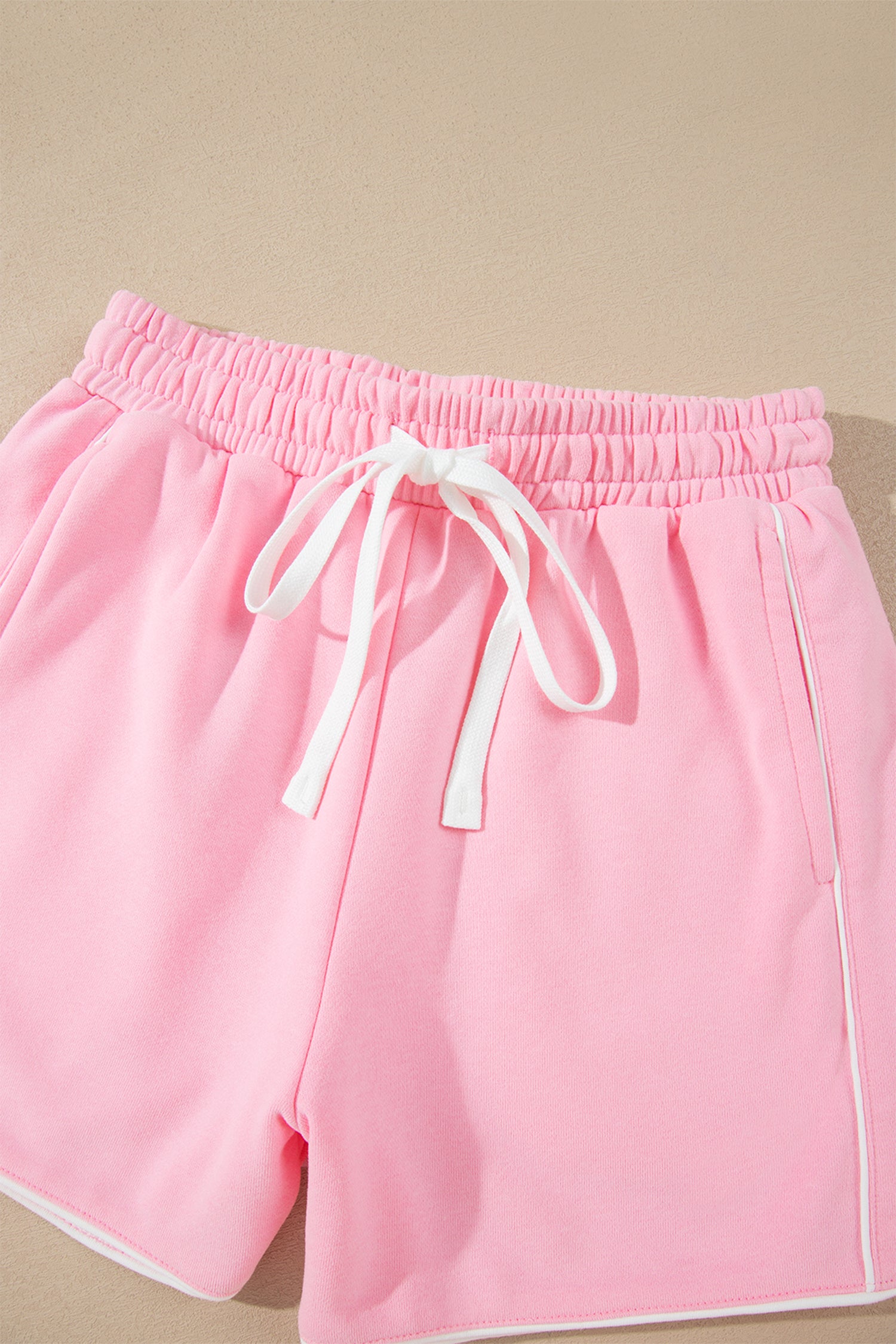 Pink Piping Trim Long Sporty Pullover Drawstring Elastic Waist Shorts Set-Two Piece Sets/Short Sets-[Adult]-[Female]-2022 Online Blue Zone Planet