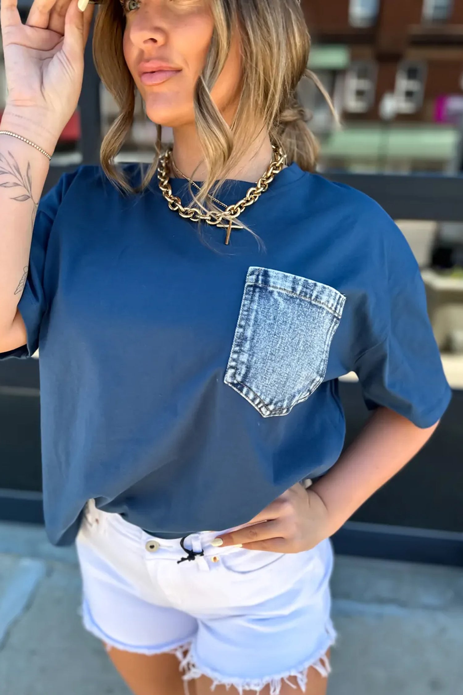 Sail Blue Color Block Chest Pocket Patched Casual Short Sleeve Top-Tops/Tops & Tees-[Adult]-[Female]-Sail Blue-S-2022 Online Blue Zone Planet