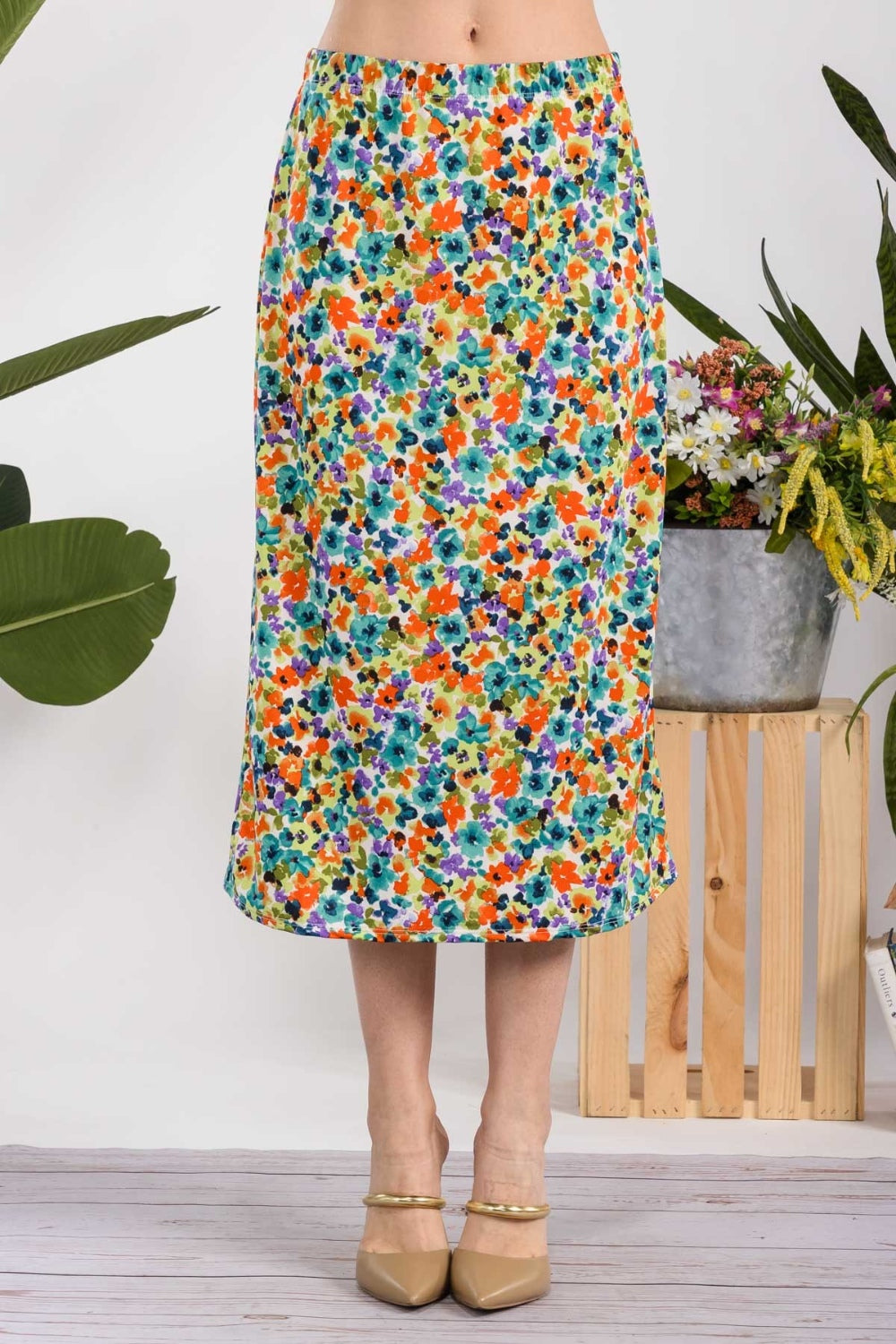 Celeste Full Size Floral A-Line Midi Skirt-BOTTOMS SIZES SMALL MEDIUM LARGE-[Adult]-[Female]-2022 Online Blue Zone Planet