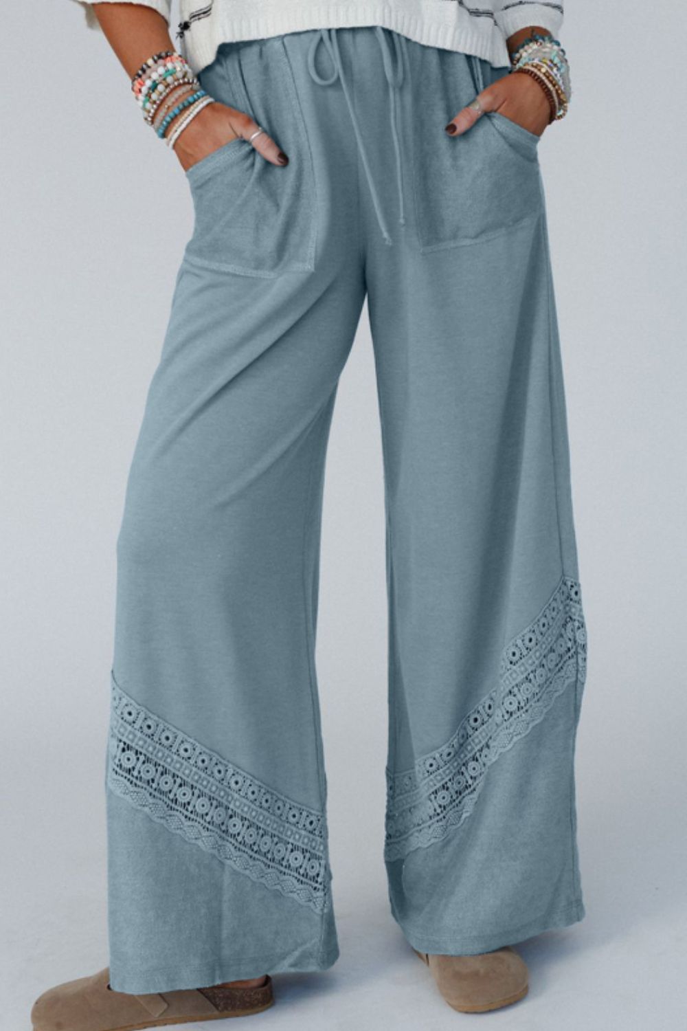 Lace Detail Wide Leg Pants-BOTTOMS SIZES SMALL MEDIUM LARGE-[Adult]-[Female]-2022 Online Blue Zone Planet