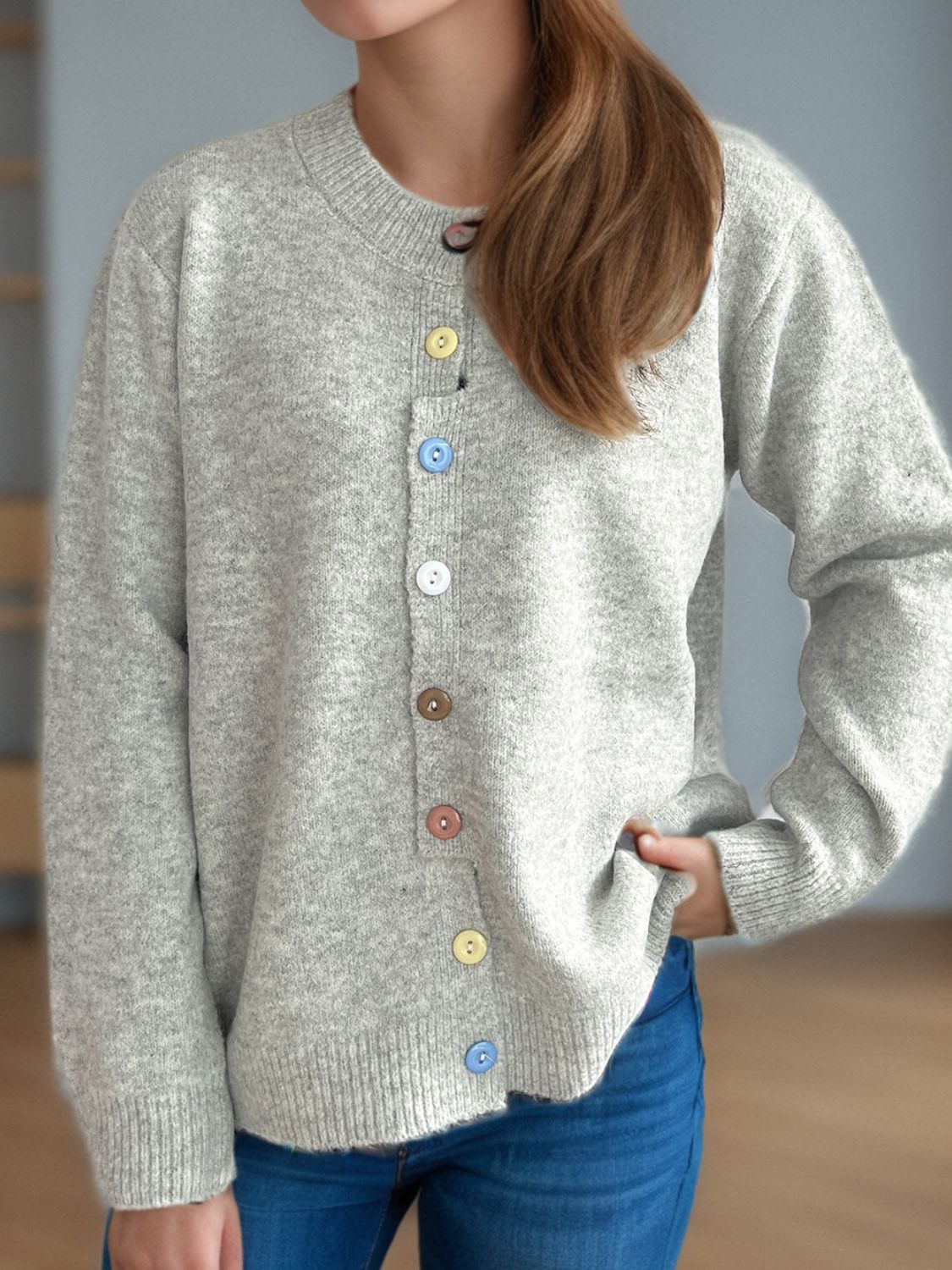 Blue Zone Planet | Button Down Long Sleeve Cardigan-TOPS / DRESSES-[Adult]-[Female]-Light Gray-One Size-2022 Online Blue Zone Planet