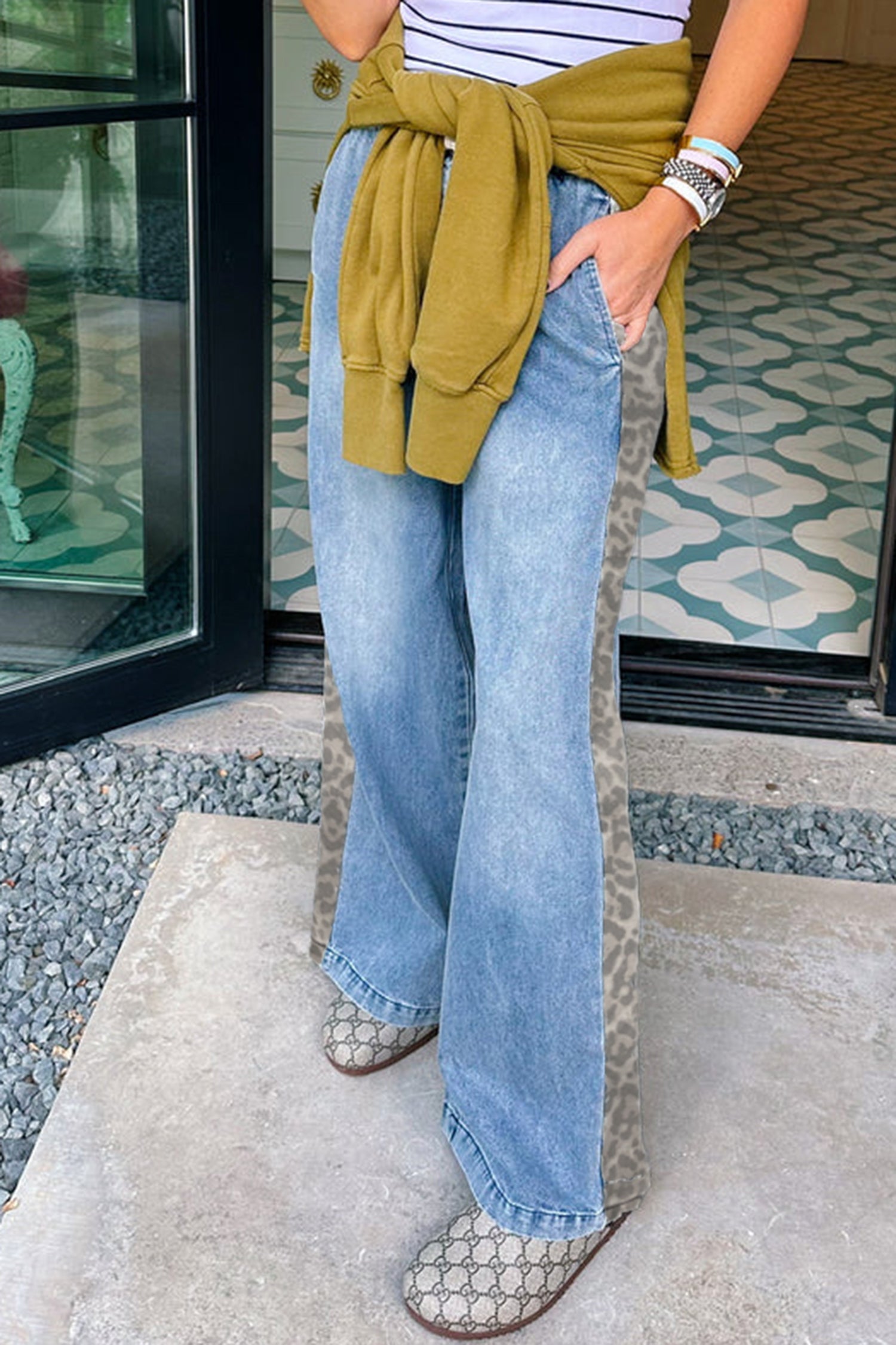 Beau Blue Drawstring Elastic Waist Leopard Striped Side Panel Wide Leg Jeans-Bottoms/Jeans-[Adult]-[Female]-2022 Online Blue Zone Planet