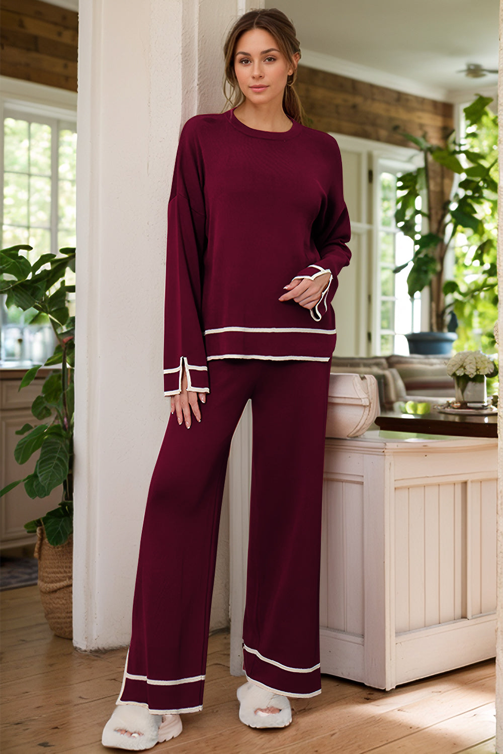 Blue Zone Planet | High-Low Round Neck Top and Pants Sweater Set-TOPS / DRESSES-[Adult]-[Female]-Burgundy-One Size-2022 Online Blue Zone Planet