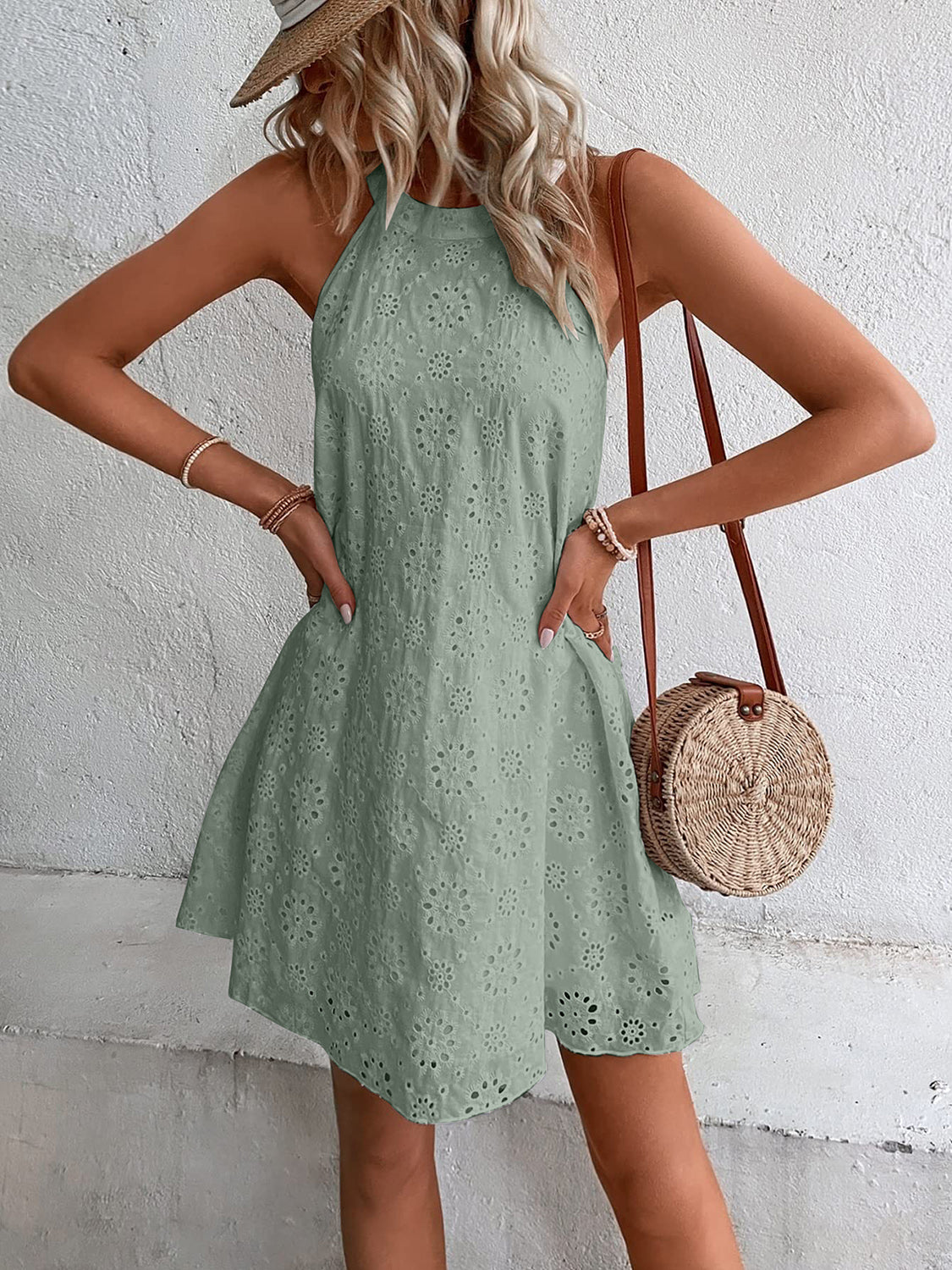 Eyelet Grecian Neck Mini Dress White / S Eyelet Grecian Neck Mini Dress White / S