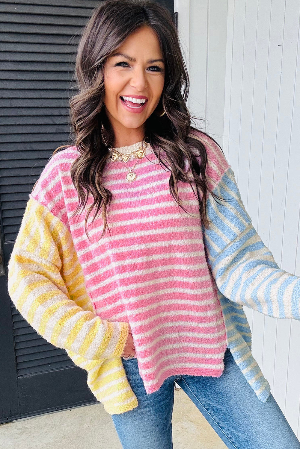 Multicolour Color Block Striped Patchwork Dolman Sleeve Slit Sweater-TOPS / DRESSES-[Adult]-[Female]-2022 Online Blue Zone Planet