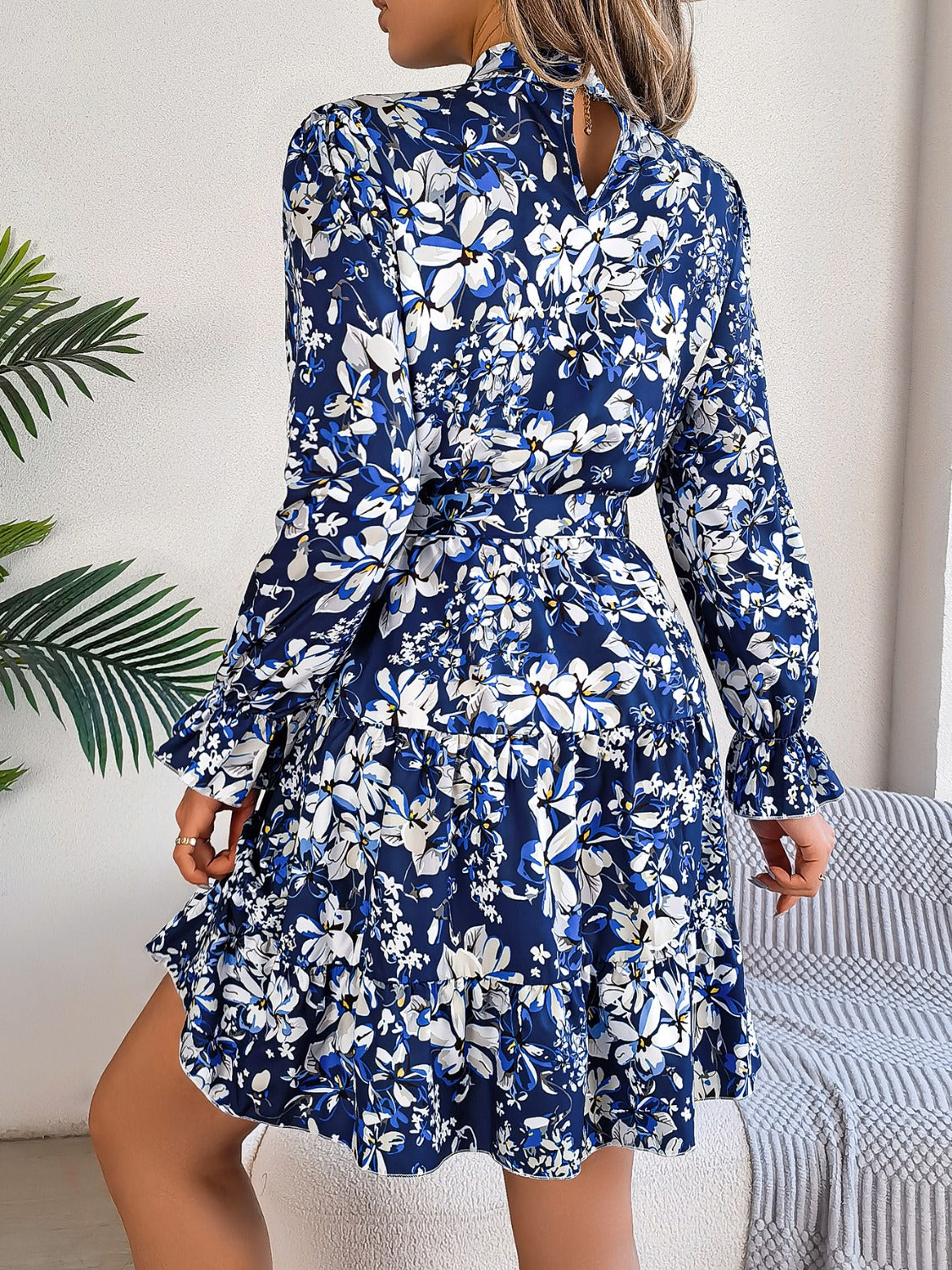 Printed Mock Neck Flounce Sleeve Mini Dress-TOPS / DRESSES-[Adult]-[Female]-2022 Online Blue Zone Planet