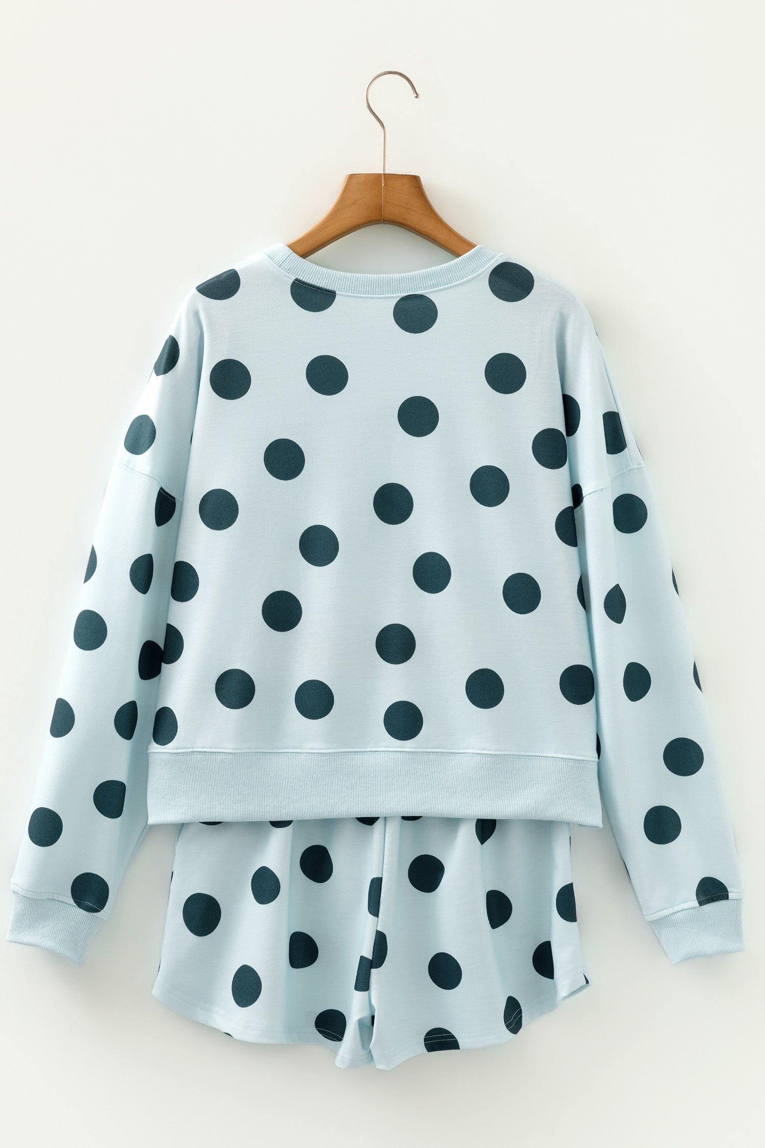 Sky Blue Polka Dot Print Drop Shoulder Pullover Drawstring Shorts Set-Two Piece Sets/Short Sets-[Adult]-[Female]-2022 Online Blue Zone Planet