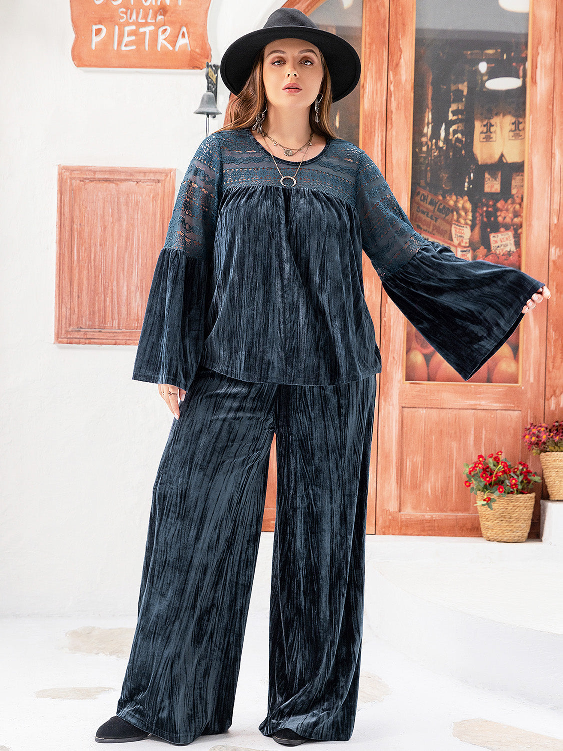 Blue Zone Planet | Plus Size Round Neck Flare Sleeve Top and Pants Set-TOPS / DRESSES-[Adult]-[Female]-2022 Online Blue Zone Planet