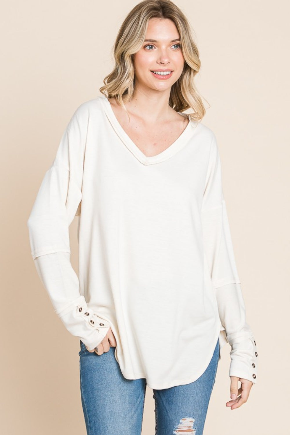 Blue Zone Planet | Culture Code Full Size V-Neck Dropped Shoulder Blouse-TOPS / DRESSES-[Adult]-[Female]-ECRUCREAM-S-2022 Online Blue Zone Planet