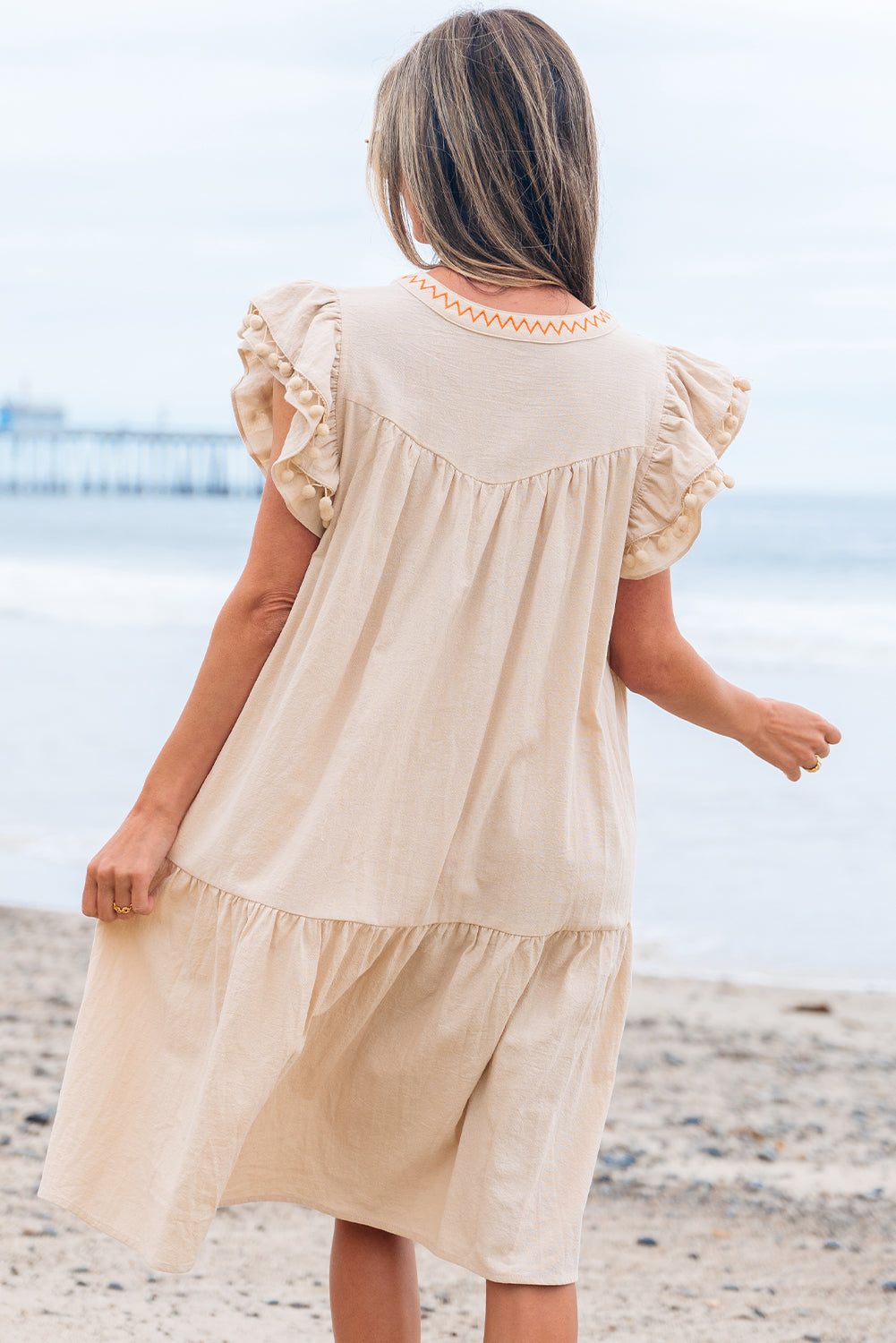 Jet Stream Linen Embroidery Split Neck Pom Pom Ruffle Sleeves Flowy Short Dress-Dresses/Mini Dresses-[Adult]-[Female]-2022 Online Blue Zone Planet