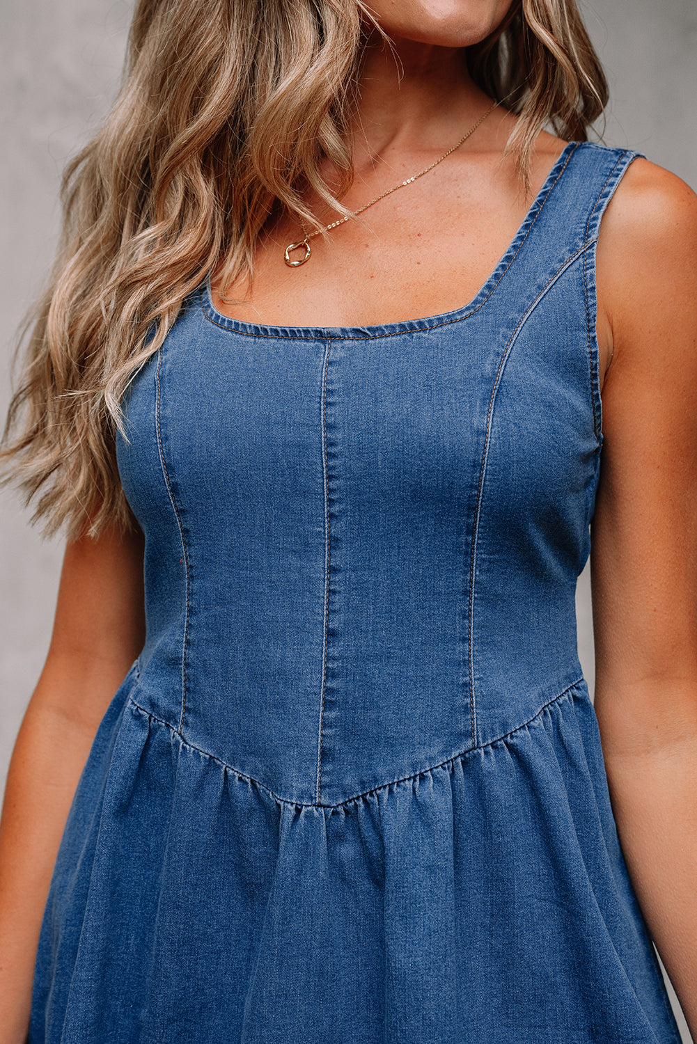 Sail Blue Square Neck Bowknot A-line Sleeveless Denim Dress-TOPS / DRESSES-[Adult]-[Female]-2022 Online Blue Zone Planet