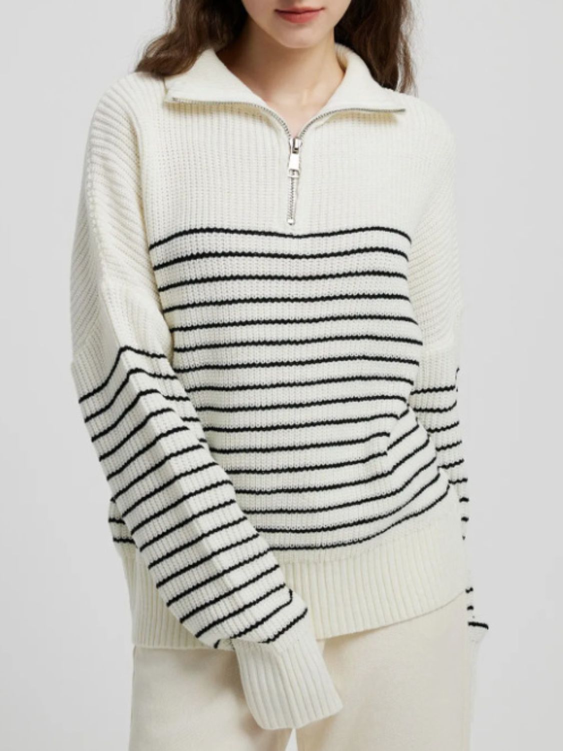 Striped Half Zip Long Sleeve Sweater-TOPS / DRESSES-[Adult]-[Female]-2022 Online Blue Zone Planet