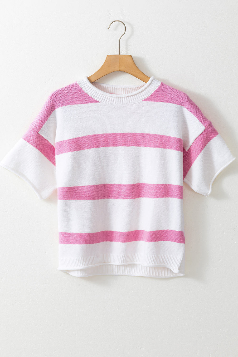 Khaki Stripe Dropped Short Sleeve Lightweight Knitted Top-Tops/Short Sleeve Sweaters-[Adult]-[Female]-2022 Online Blue Zone Planet