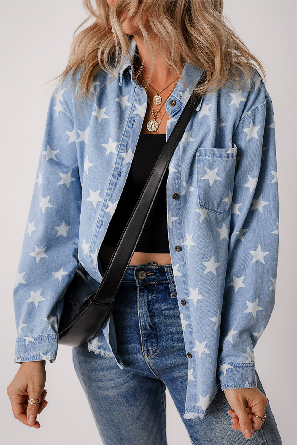 Blue Zone Planet | Sky Blue Star Print Light Wash Raw Hem Denim Jacket-Outerwear/Denim jackets-[Adult]-[Female]-Sky Blue-S-2022 Online Blue Zone Planet