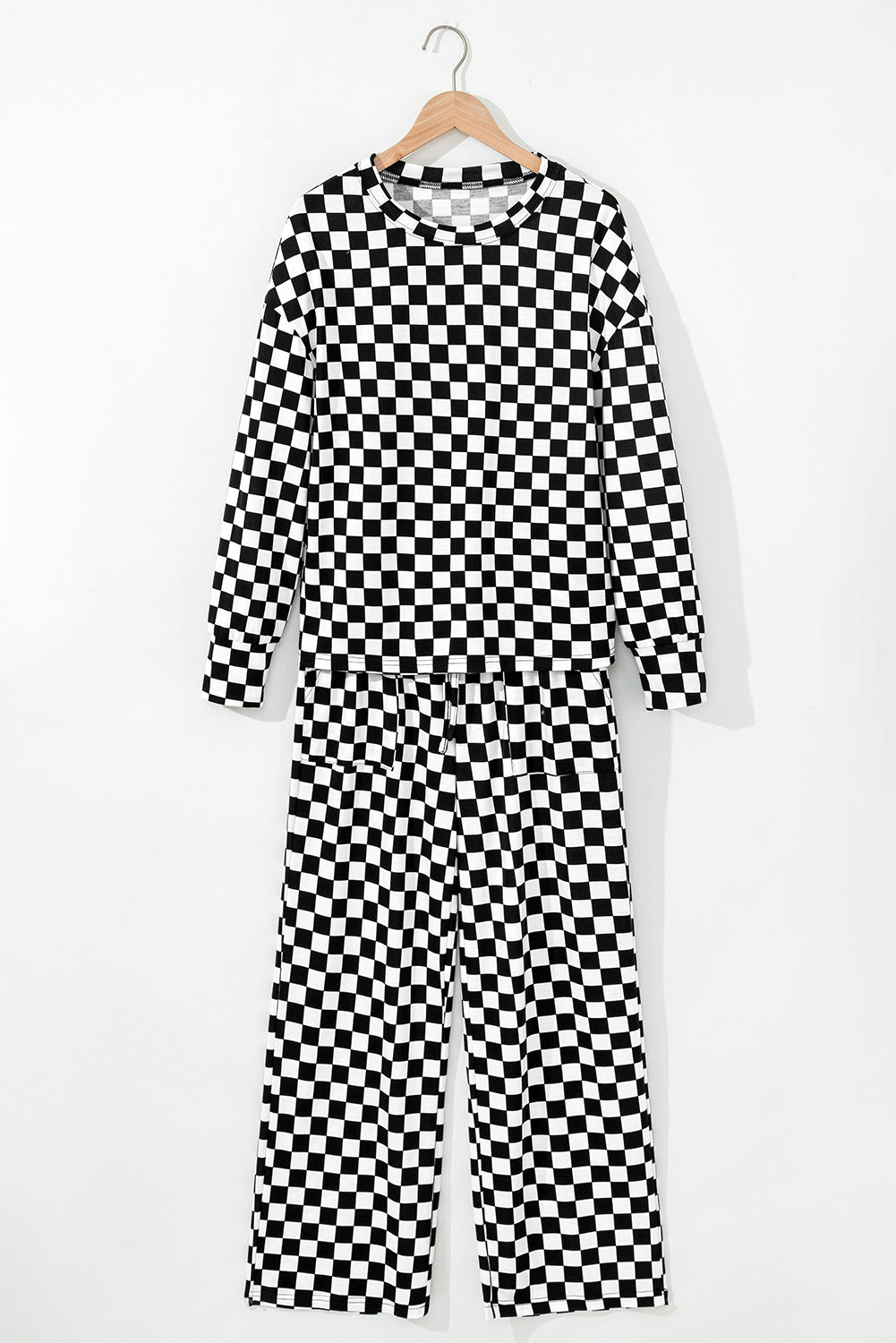 Black Checkered Print Long Sleeve Top and Pants Lounge Set-Loungewear & Sleepwear/Loungewear-[Adult]-[Female]-2022 Online Blue Zone Planet