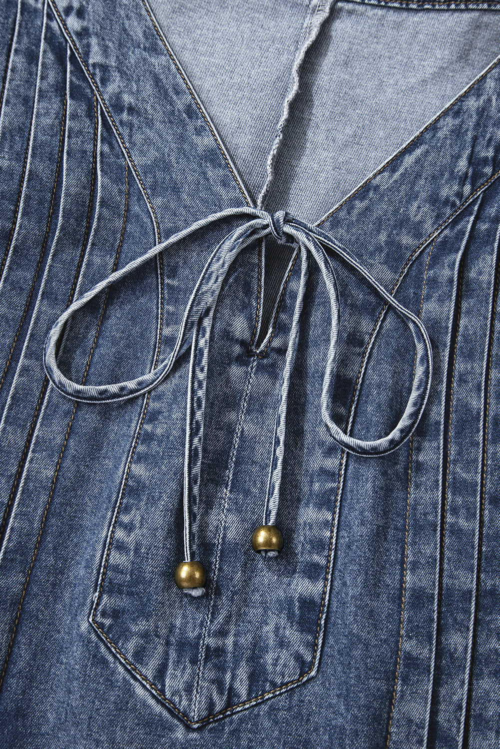 Sail Blue 3/4 Sleeve Tied V Neck Pleated Denim Mini Dress-TOPS / DRESSES-[Adult]-[Female]-2022 Online Blue Zone Planet