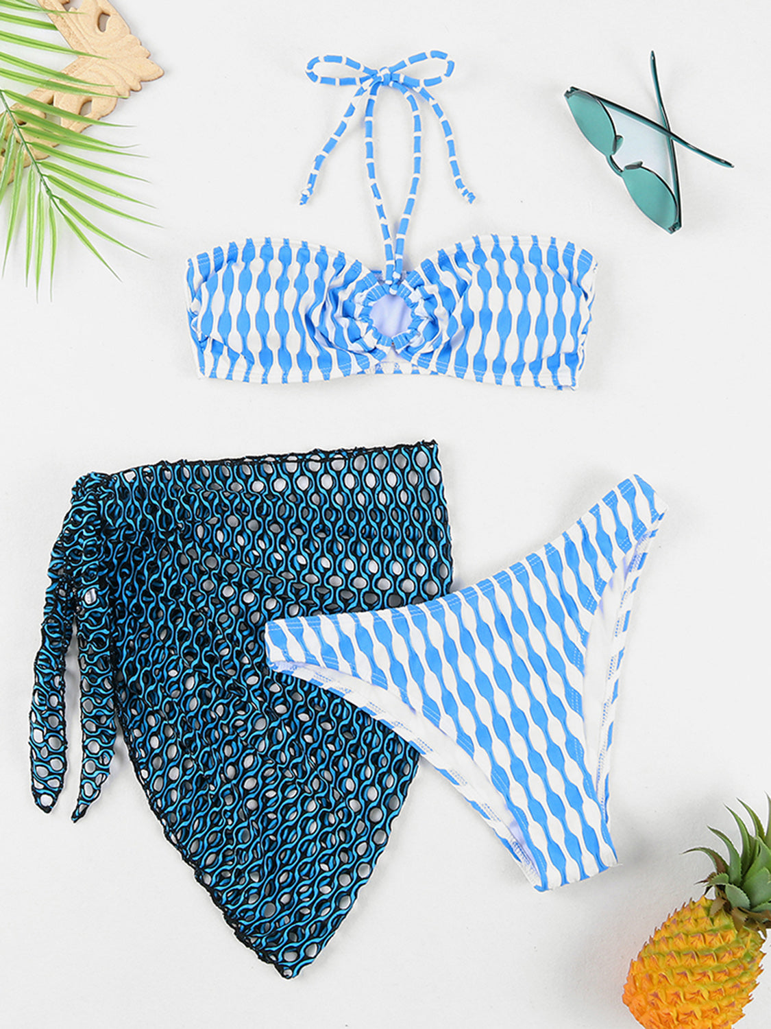 Blue Zone Planet |  Geometric Halter Neck Three-Piece Swim Set BLUE ZONE PLANET