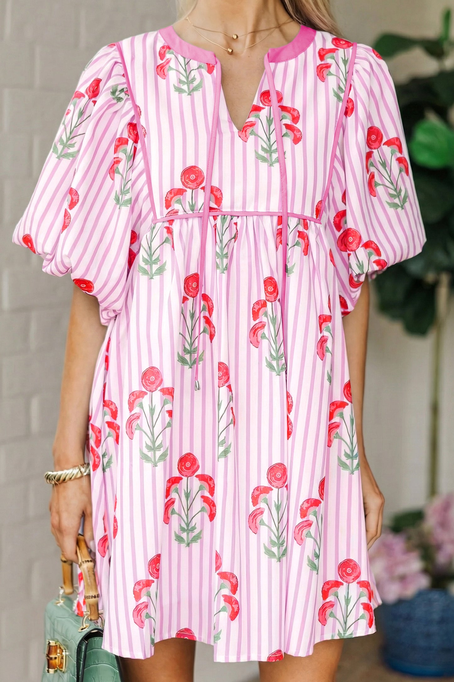 Pink Floral Striped Print Tie Notched Neck Puff Sleeve Flared Mini Dress-Dresses/Floral Dresses-[Adult]-[Female]-2022 Online Blue Zone Planet