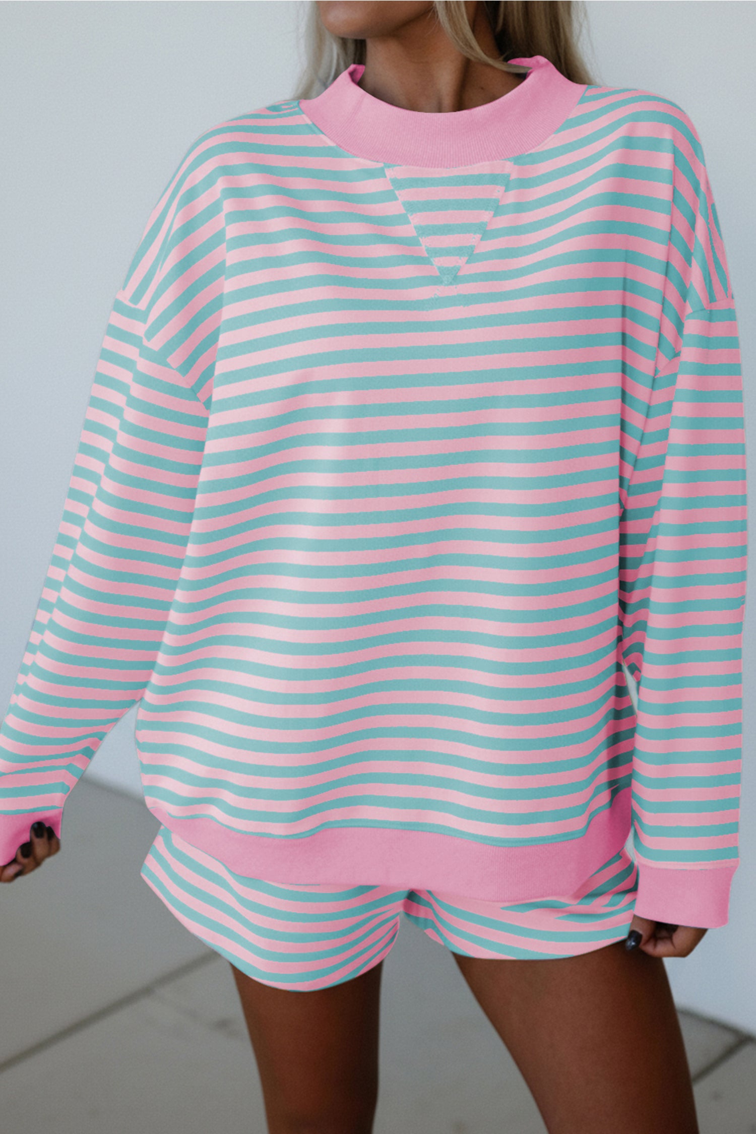 Pink Stripe Color Block Detail Long Sleeve Pullover Elastic Waist Pull On Shorts 2pcs Set-Two Piece Sets/Short Sets-[Adult]-[Female]-Pink Stripe-S-2022 Online Blue Zone Planet