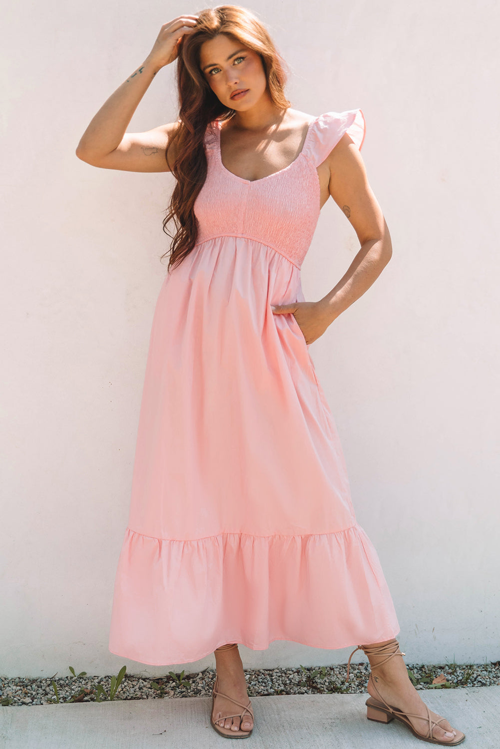 Pink V Neck Flutter Sleeve Smocked Bodice High Waist Ruffle Maxi Dress-Dresses/Maxi Dresses-[Adult]-[Female]-2022 Online Blue Zone Planet