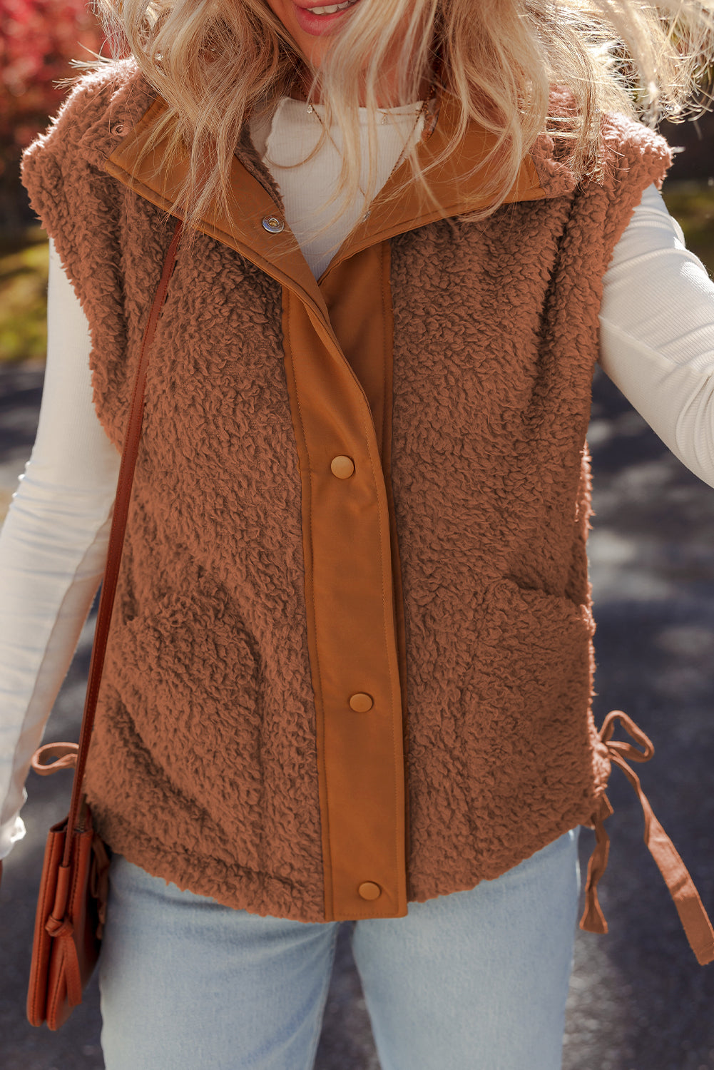 Cinnamon Faux Fur Snap Button Front Knot Side Plush Vest With Pockets-Outerwear/Vests-[Adult]-[Female]-2022 Online Blue Zone Planet