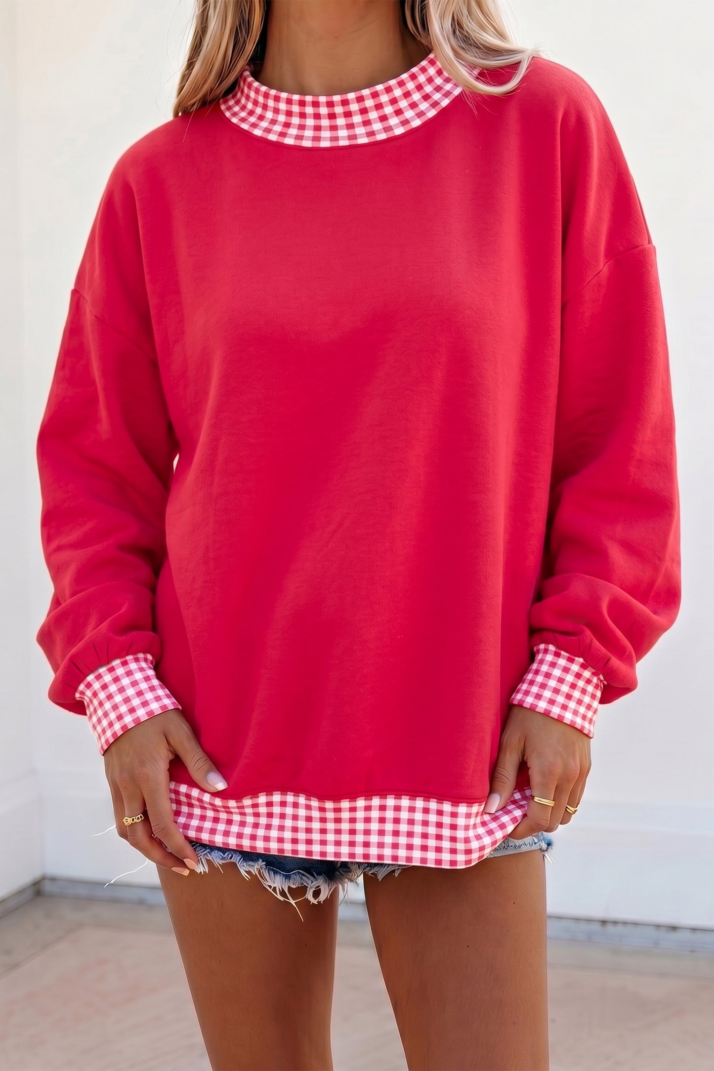 Fiery Red Colorblock Polka Dot Contrast Trim Oversized Sweatshirt-Tops/Sweatshirts & Hoodies-[Adult]-[Female]-2022 Online Blue Zone Planet