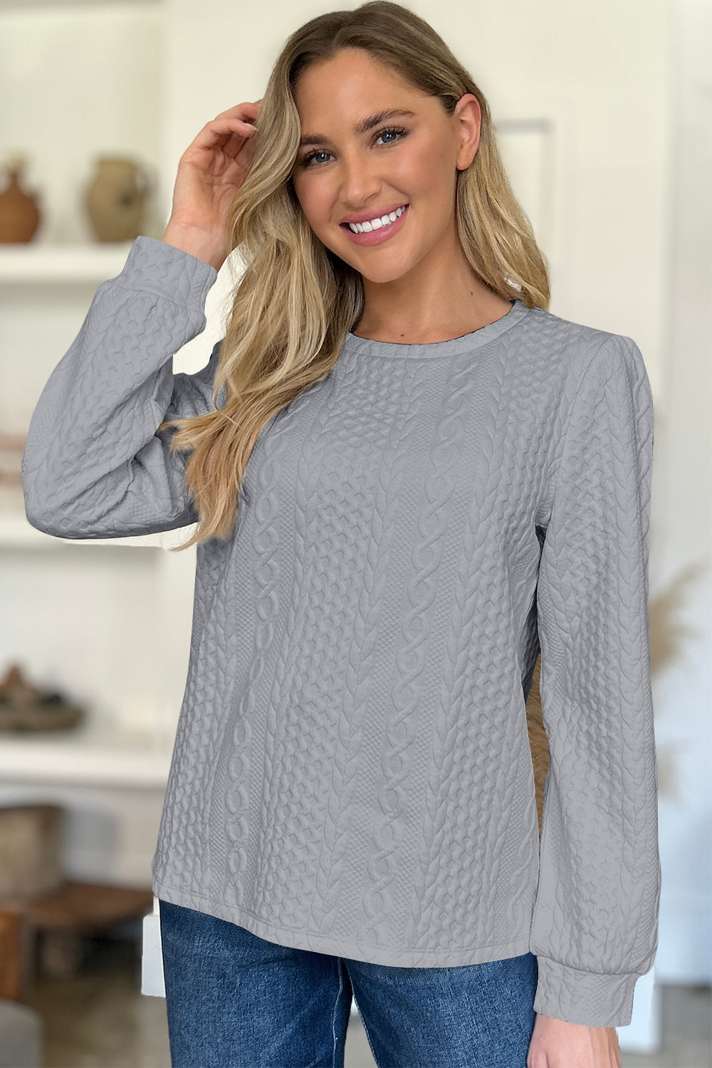 FAM-FAM Textured Round Neck Long Sleeve Sweatshirt