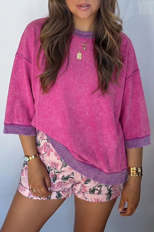 Strawberry Pink Mineral Wash Color Block Trim Bracelet Sleeve Pullover Top-Tops/Long Sleeve Tops-[Adult]-[Female]-Strawberry Pink-S-2022 Online Blue Zone Planet