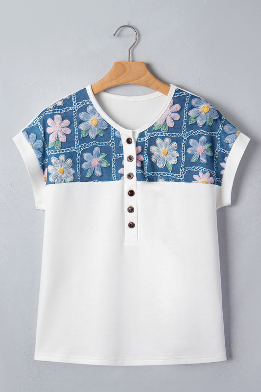 White Floral Patchwork Short Sleeve Viscose Blend Blouse-Tops/Blouses & Shirts-[Adult]-[Female]-2022 Online Blue Zone Planet