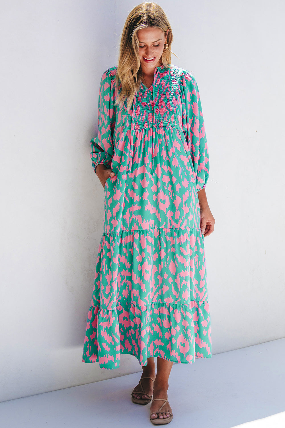 Blue Zone Planet | Green Abstract Print Puff Sleeve Tied Notched Neck Long Dress-TOPS / DRESSES-[Adult]-[Female]-2022 Online Blue Zone Planet