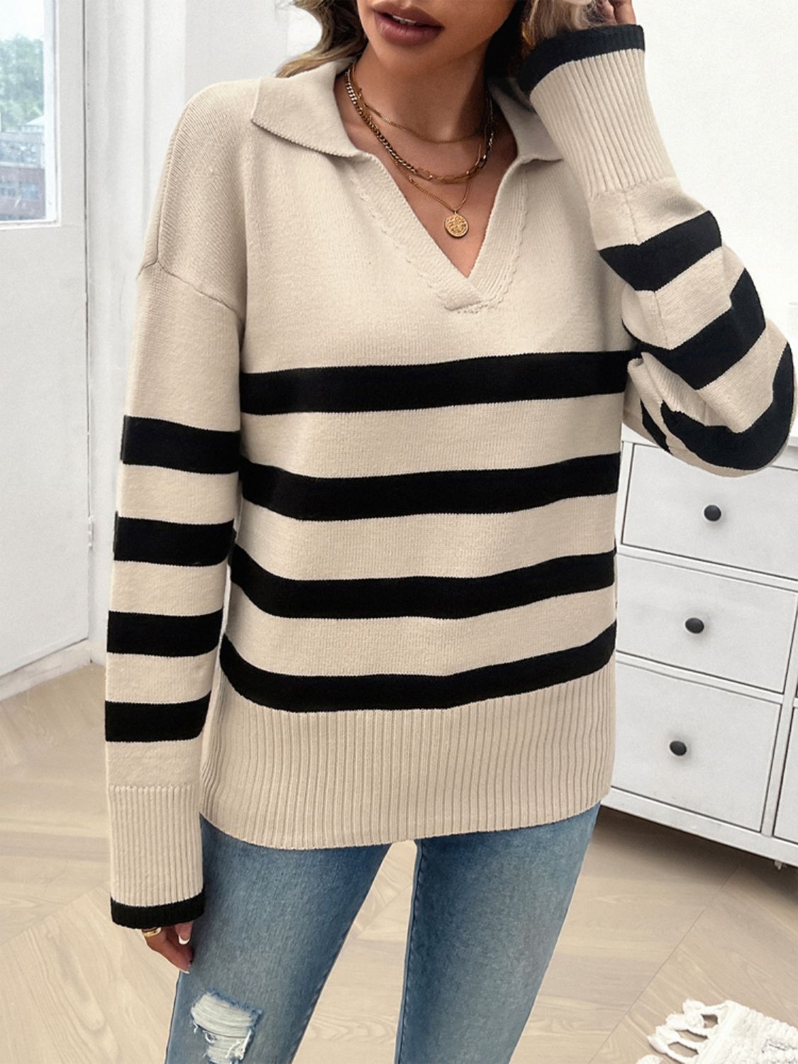 Striped Collared Neck Long Sleeve Sweater-TOPS / DRESSES-[Adult]-[Female]-Tan-S-2022 Online Blue Zone Planet