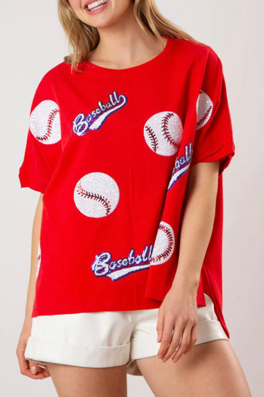 Blue Zone Planet | Fiery Red Sequin Baseball Loose Fit Tee-T Shirts-[Adult]-[Female]-Fiery Red-S-2022 Online Blue Zone Planet