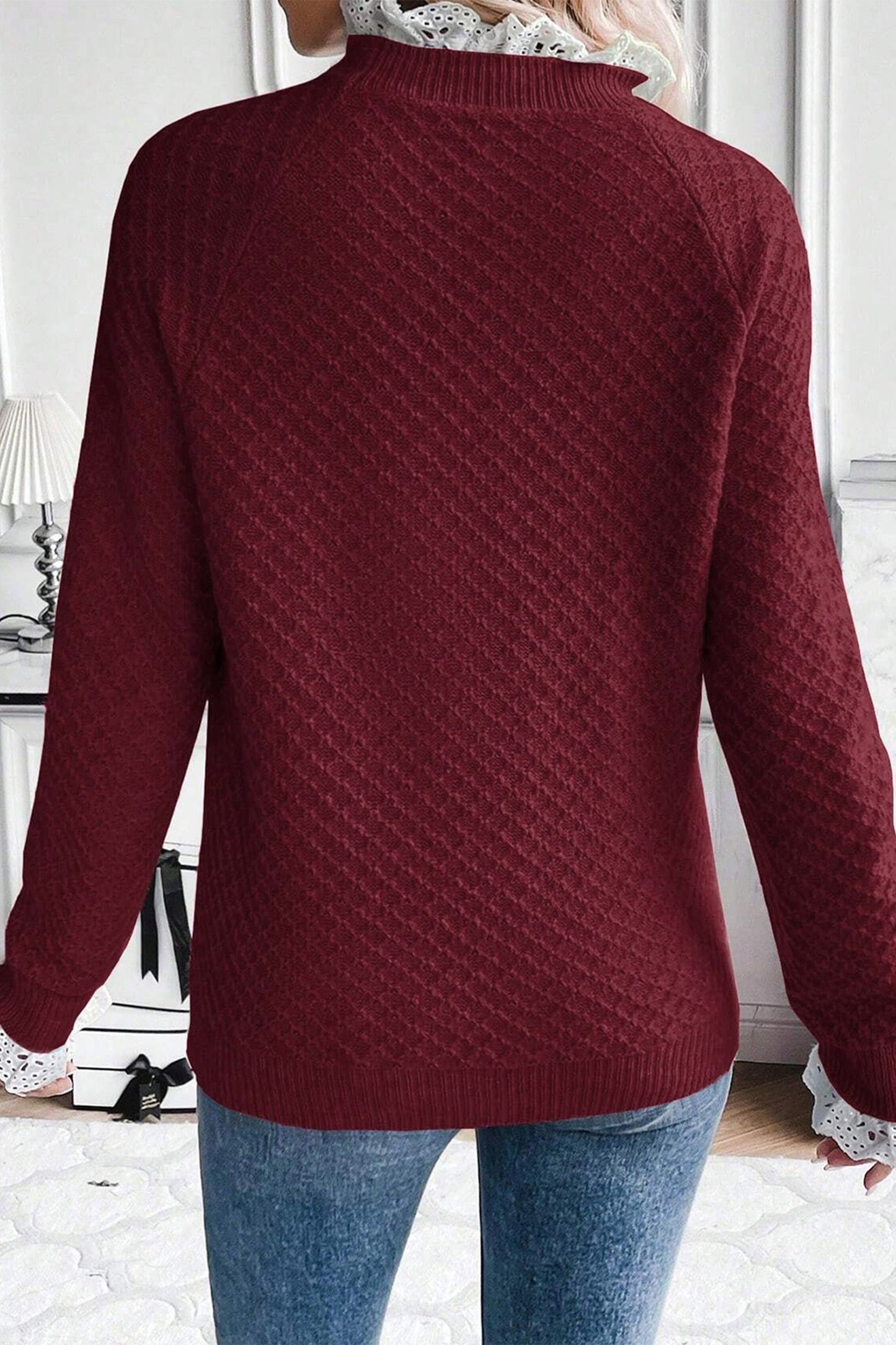Burgundy Contrast Lace Frilled Trim Raglan Sleeve Sweater-TOPS / DRESSES-[Adult]-[Female]-2022 Online Blue Zone Planet