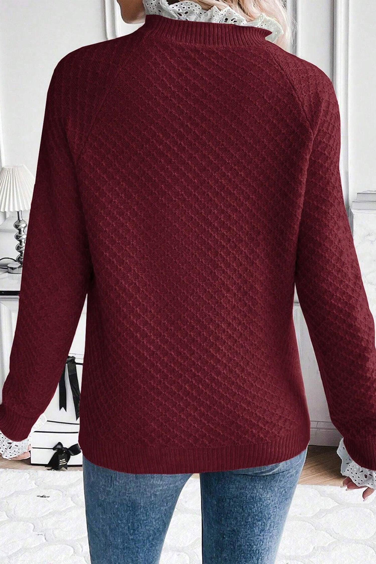 Burgundy Contrast Lace Frilled Trim Raglan Sleeve Sweater-TOPS / DRESSES-[Adult]-[Female]-2022 Online Blue Zone Planet