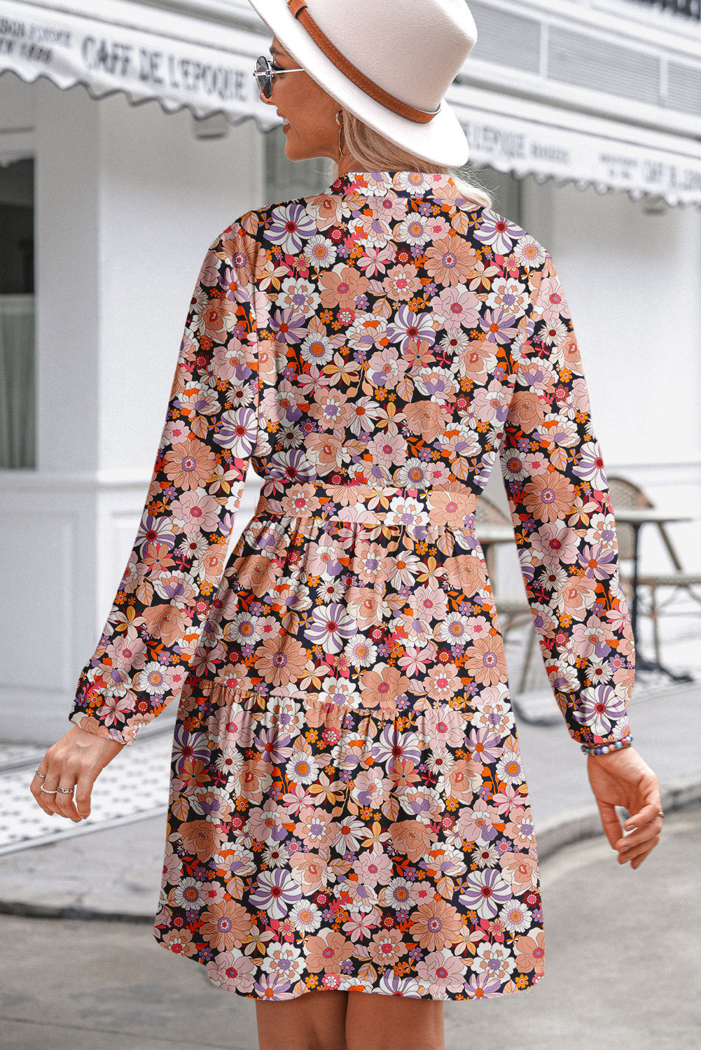 Multicolour Floral Print Long Sleeve Pleated Detail Bleted Mini Dress-TOPS / DRESSES-[Adult]-[Female]-2022 Online Blue Zone Planet
