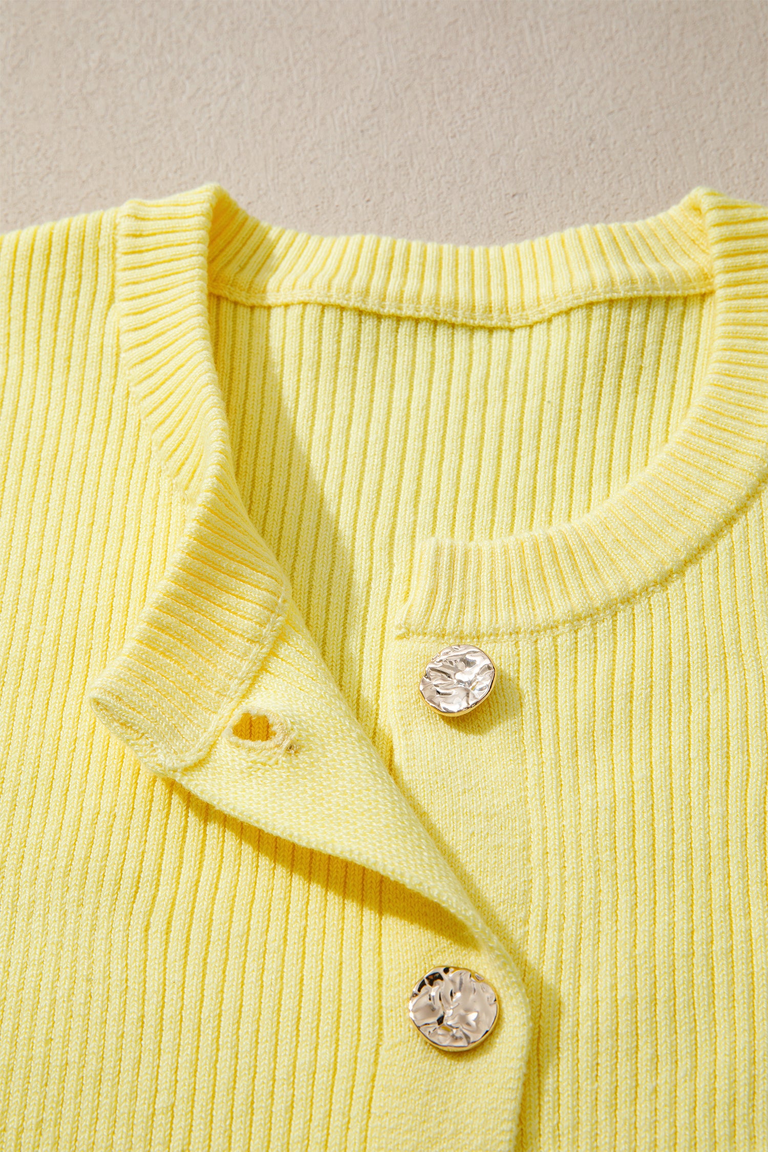 Yellow Cream Ribbed Knit Contrast Frilled Short Sleeve Sweater Cardigan-TOPS / DRESSES-[Adult]-[Female]-2022 Online Blue Zone Planet