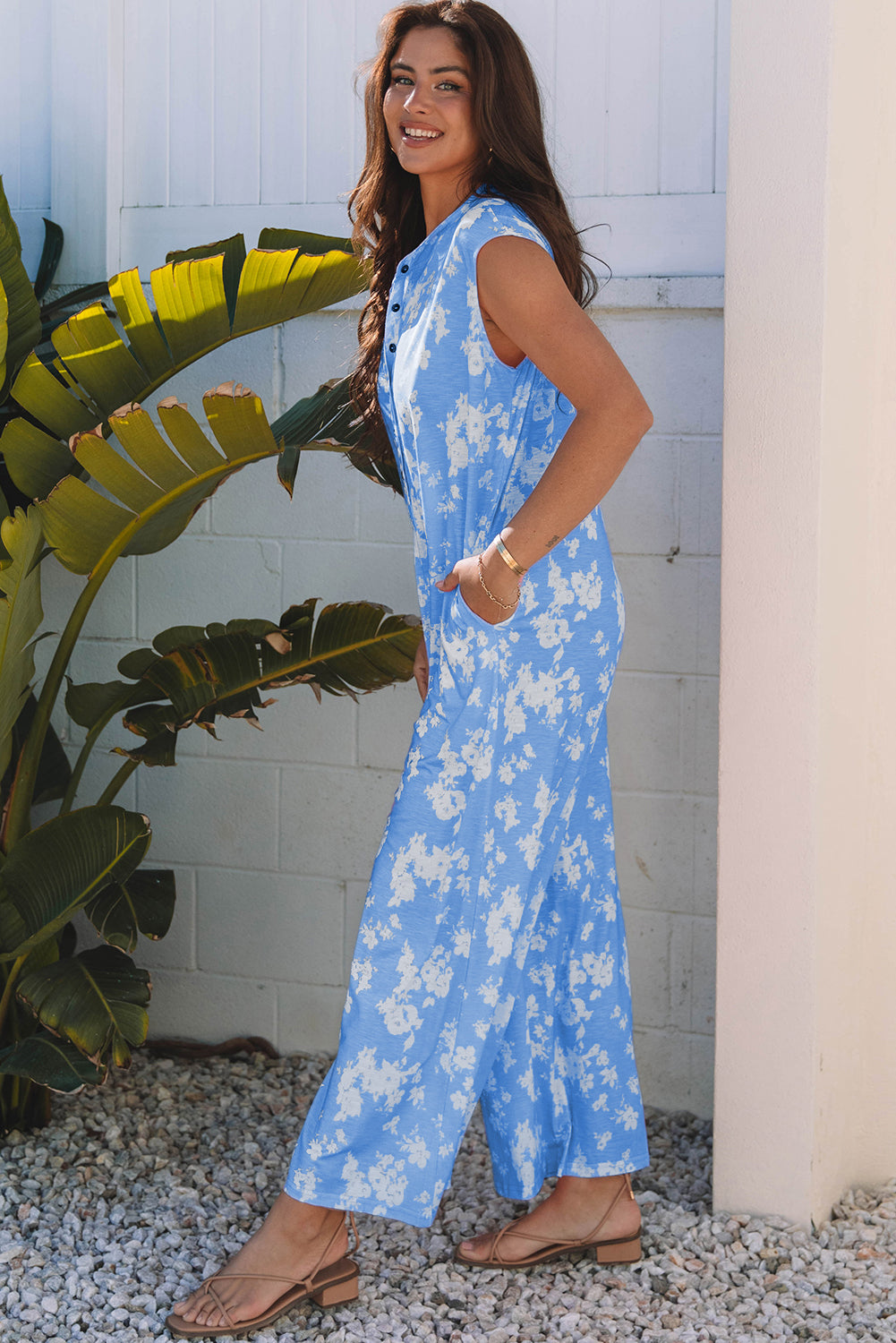 Myosotis Floral Print Half Button Wide Leg Relaxed Sleeveless Jumpsuit-Bottoms/Jumpsuits & Rompers-[Adult]-[Female]-2022 Online Blue Zone Planet