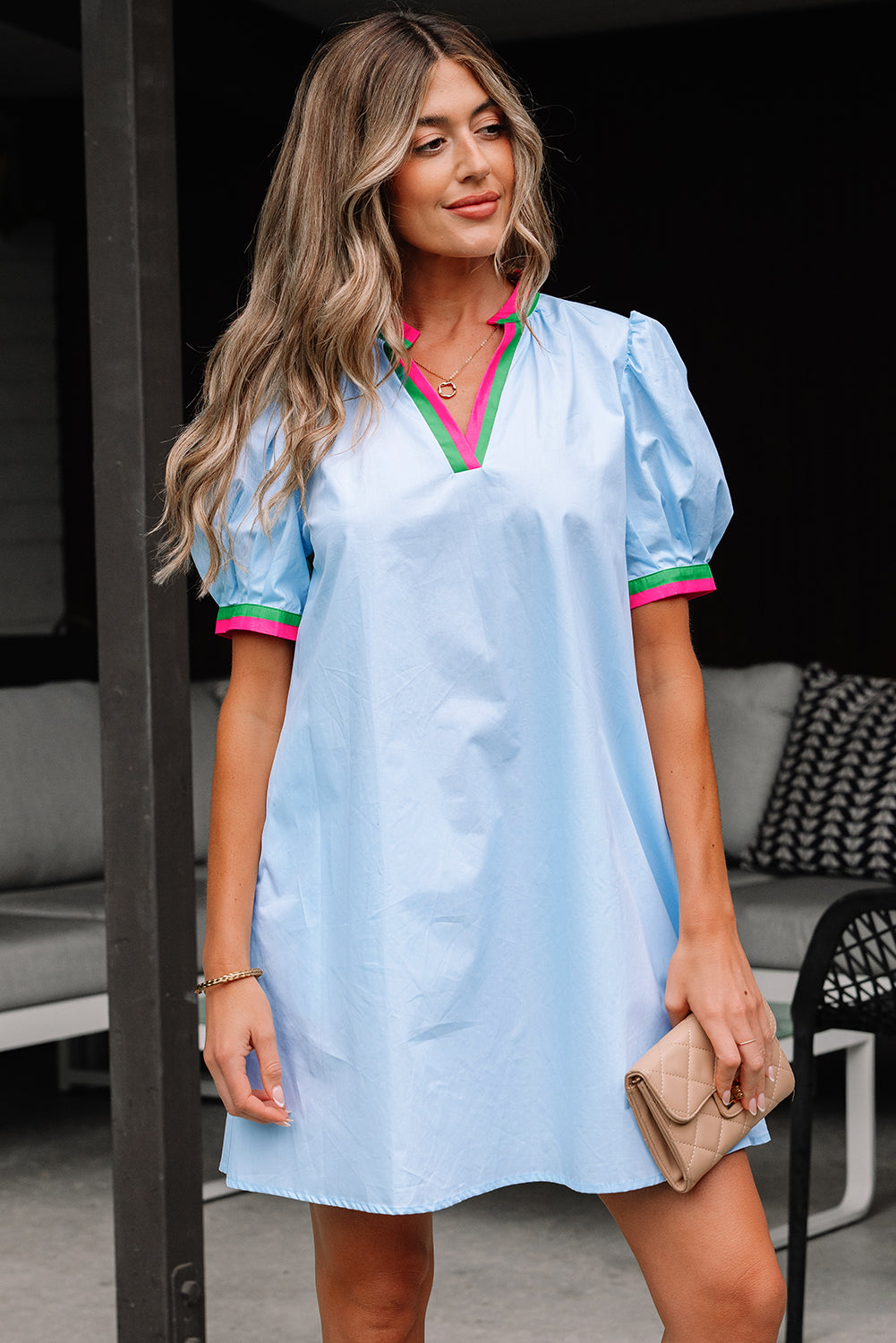 Myosotis Contrast Striped Notched V Neck Puff Sleeve Mini Dress-TOPS / DRESSES-[Adult]-[Female]-2022 Online Blue Zone Planet