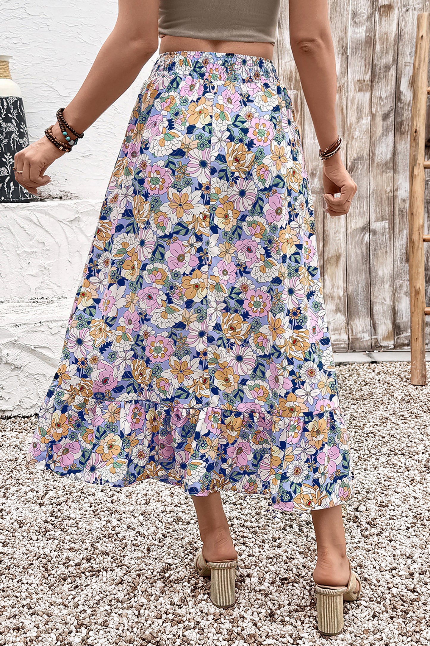 Pink Floral Print Lace-up High Waist Ruffle Hem Maxi Skirt-Bottoms/Skirts & Petticoat-[Adult]-[Female]-2022 Online Blue Zone Planet