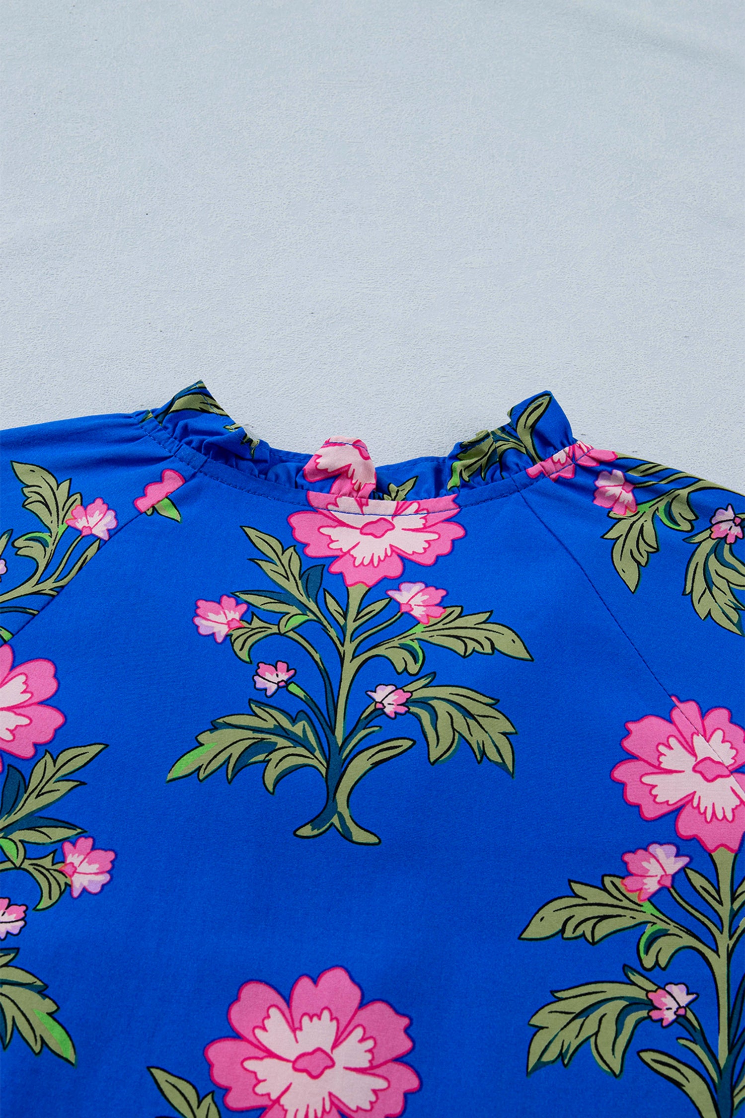 Blue V Neck Short Sleeve Loose Flower Dress-Dresses/Floral Dresses-[Adult]-[Female]-2022 Online Blue Zone Planet