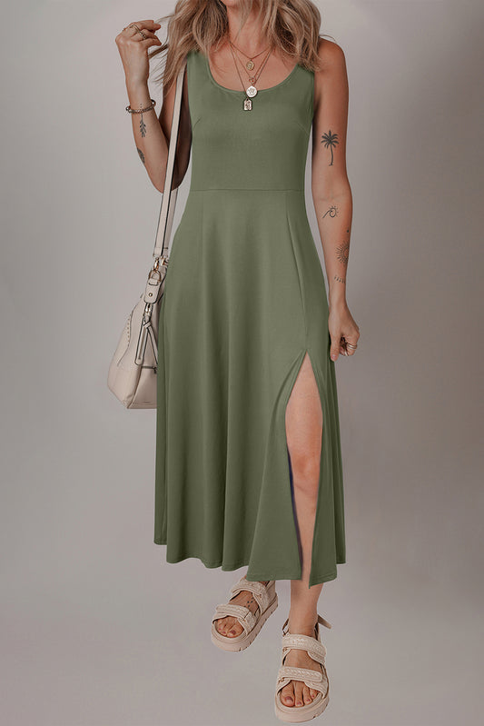 Four Leaf Clover Sleeveless Scoop Neck Flared Split Midi Dress-TOPS / DRESSES-[Adult]-[Female]-Four Leaf Clover-S-2022 Online Blue Zone Planet